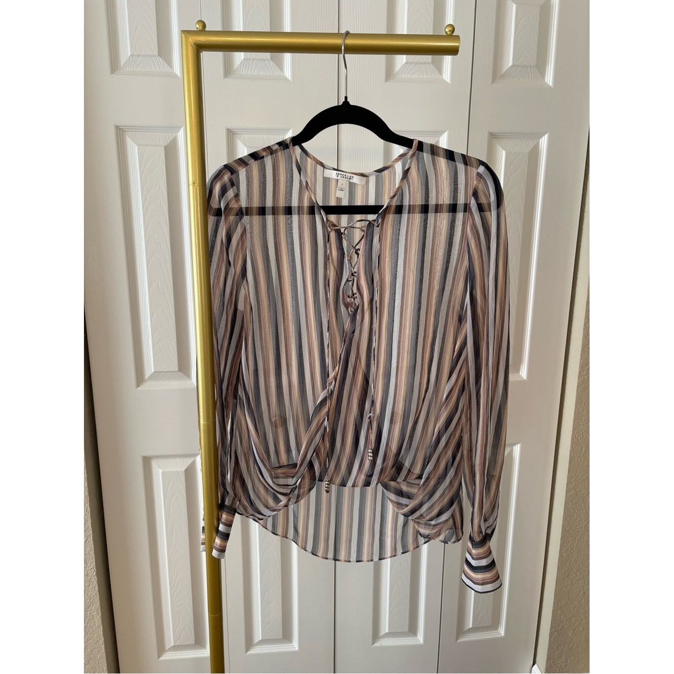 Derek Lam Top SheerLace-Up Long-Sleeve Blouse Neutral Multi-Stripe Size 6 Boho
