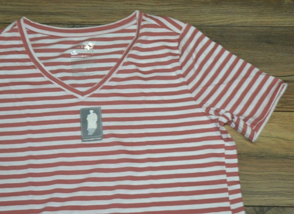 Terra & Sky Plus Size Short Sleeve Tee Long Length V Neck Striped T-Shirt Org Wt