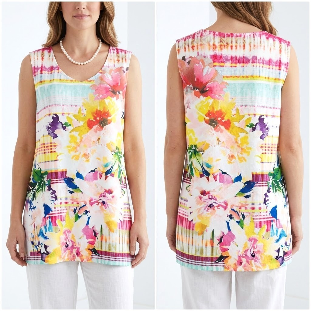 CHRISTOPHER BANKS XL White Floral Slvless Tunic Blouse Top Easy Care Stretch EUC