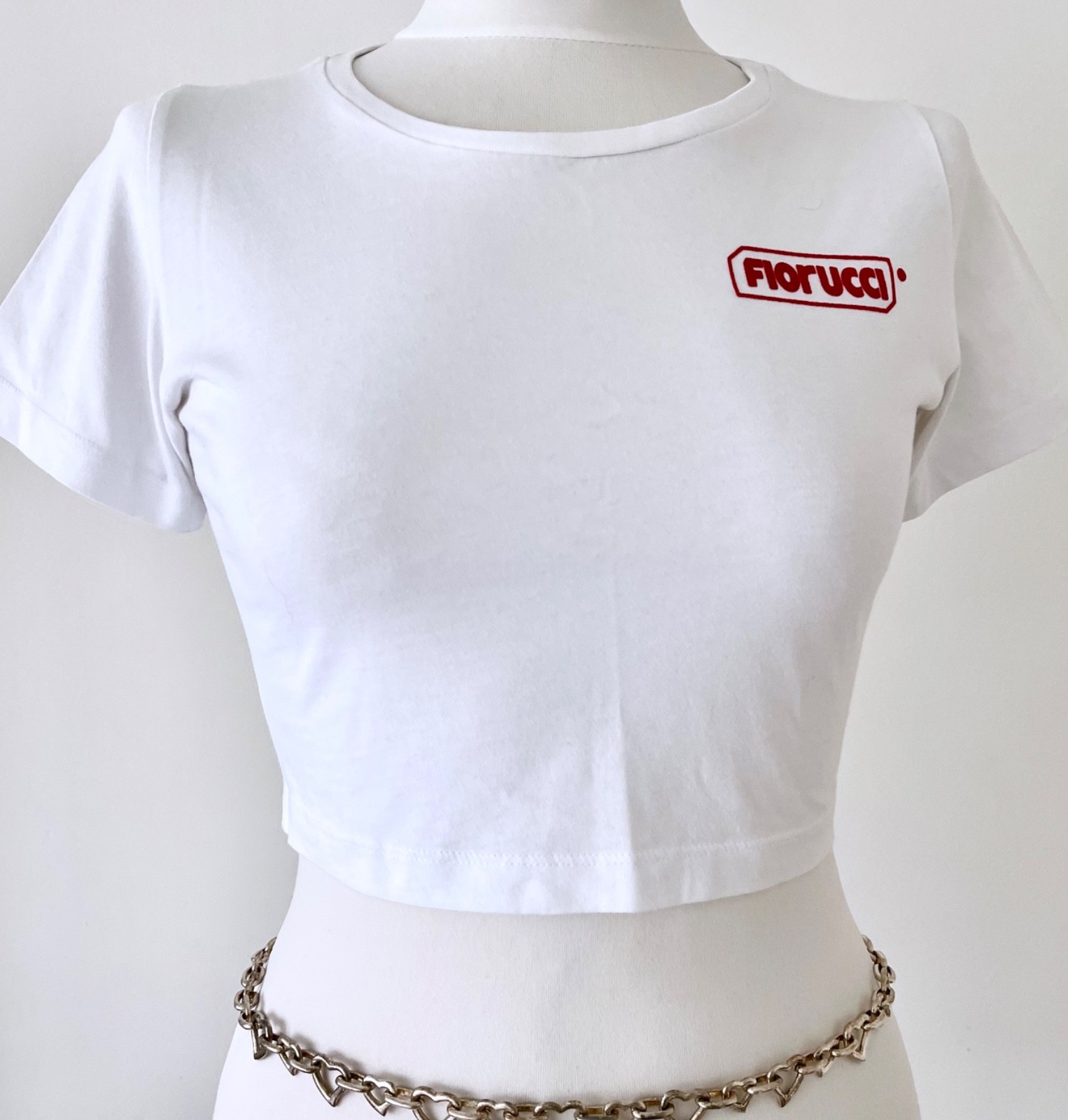 Fiorucci Size L Cropped White Short Sleeve Baby Tee T-Shirt Italian Designer