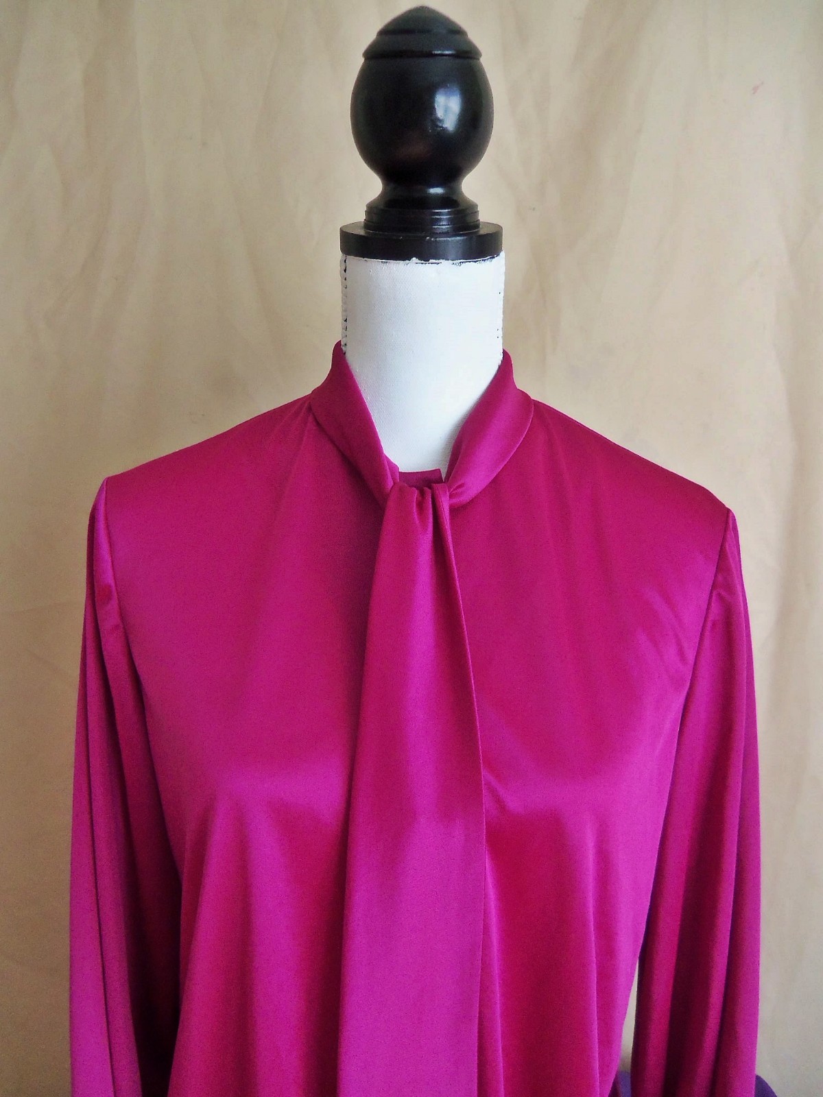 70s Unique handmade cobalt violet poly satin tie-neck blouse. Sz. L(?)