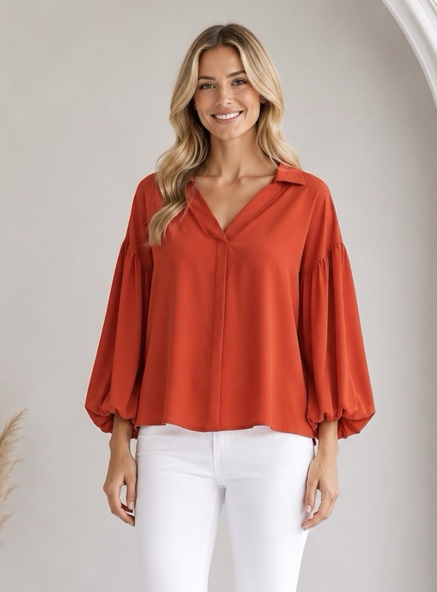 Womens Rust Orange V Neck Balloon Sleeve Top Size Medium Relaxed Stretch