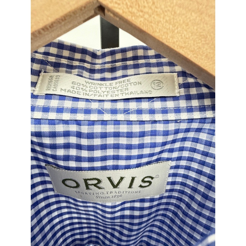 Orvis Blue Gingham Long Sleeve Button Down Shirt Wrinkle Free Cotton Preppy