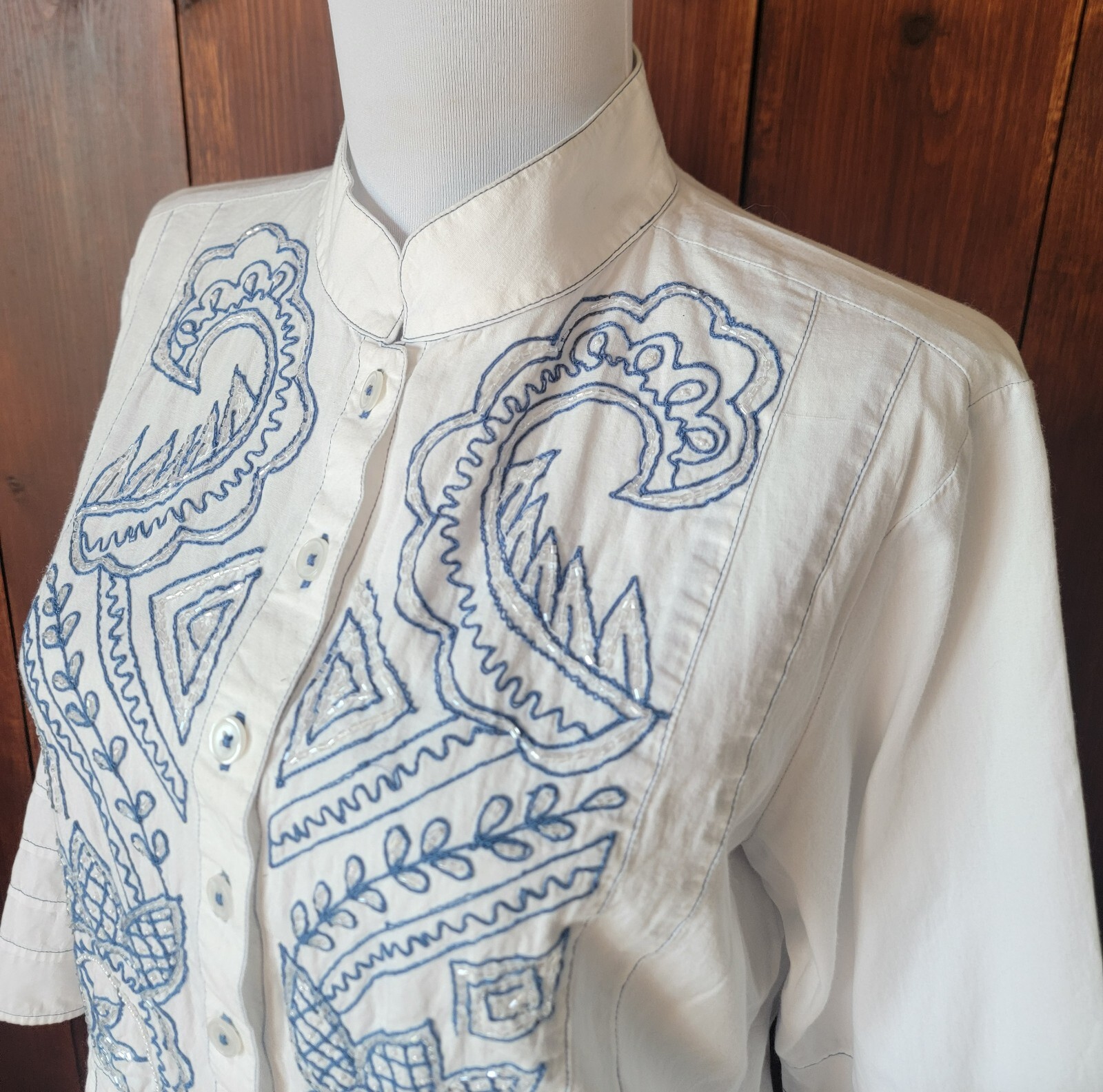 White Cottagecore Coastal Beaded Cotton Blouse Women Small Embroidered Tunic