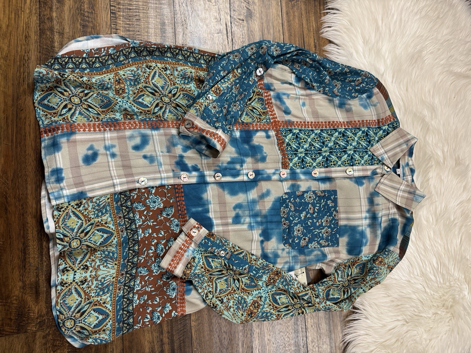 John Mark Size S Tunic Floral Multicolor Roll-Tab Sleeve Plaid NWT $129