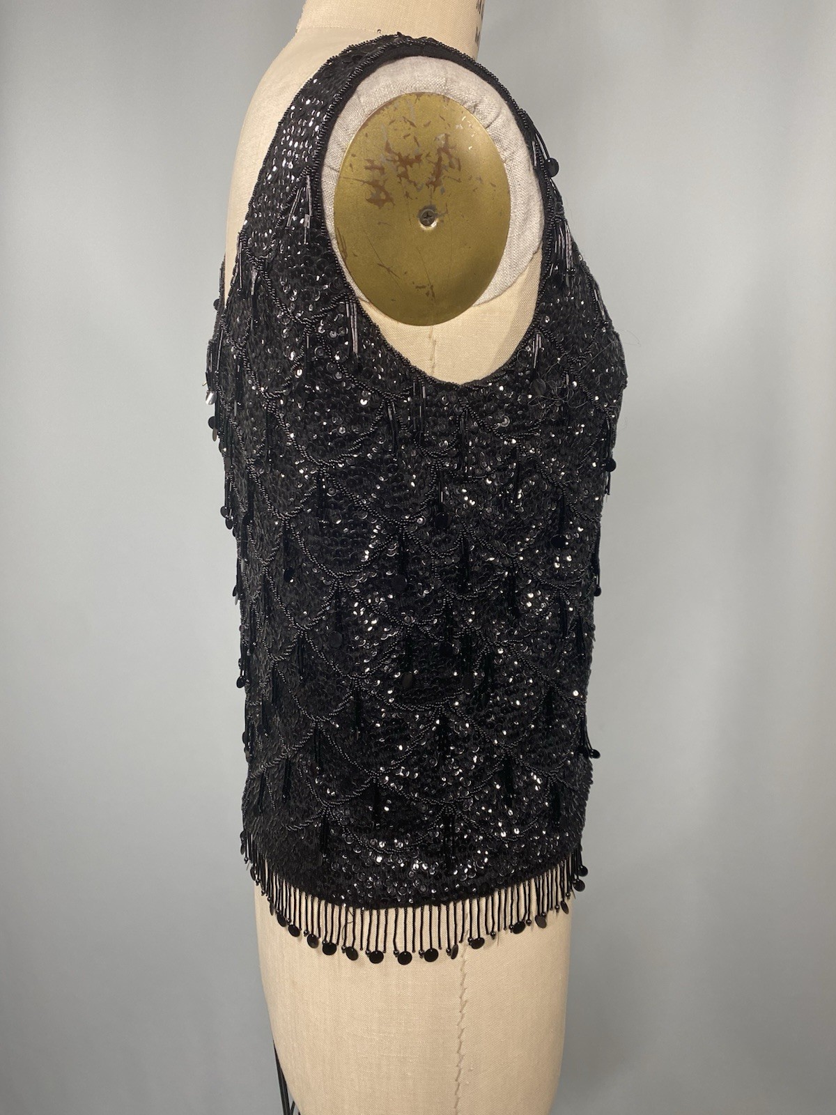 Vintage Sequin Top SIZE MEDIUM M black beaded fringe MACY’S Hong Kong 60s 70s