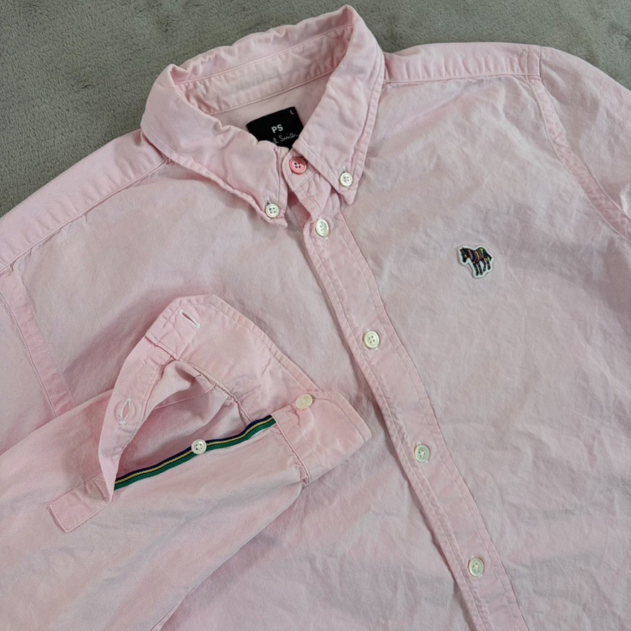 PS Paul Smith Oxford Striped Zebra Logo Shirt in Pink Women Large Long Sleeve