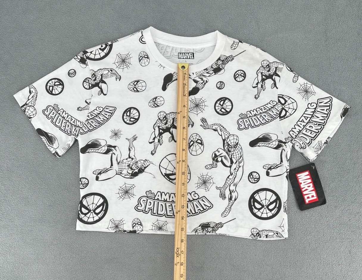 The Amazing Spider-Man Crop Top T-Shirt Womens Large White Marvel AOP Retro Y2K