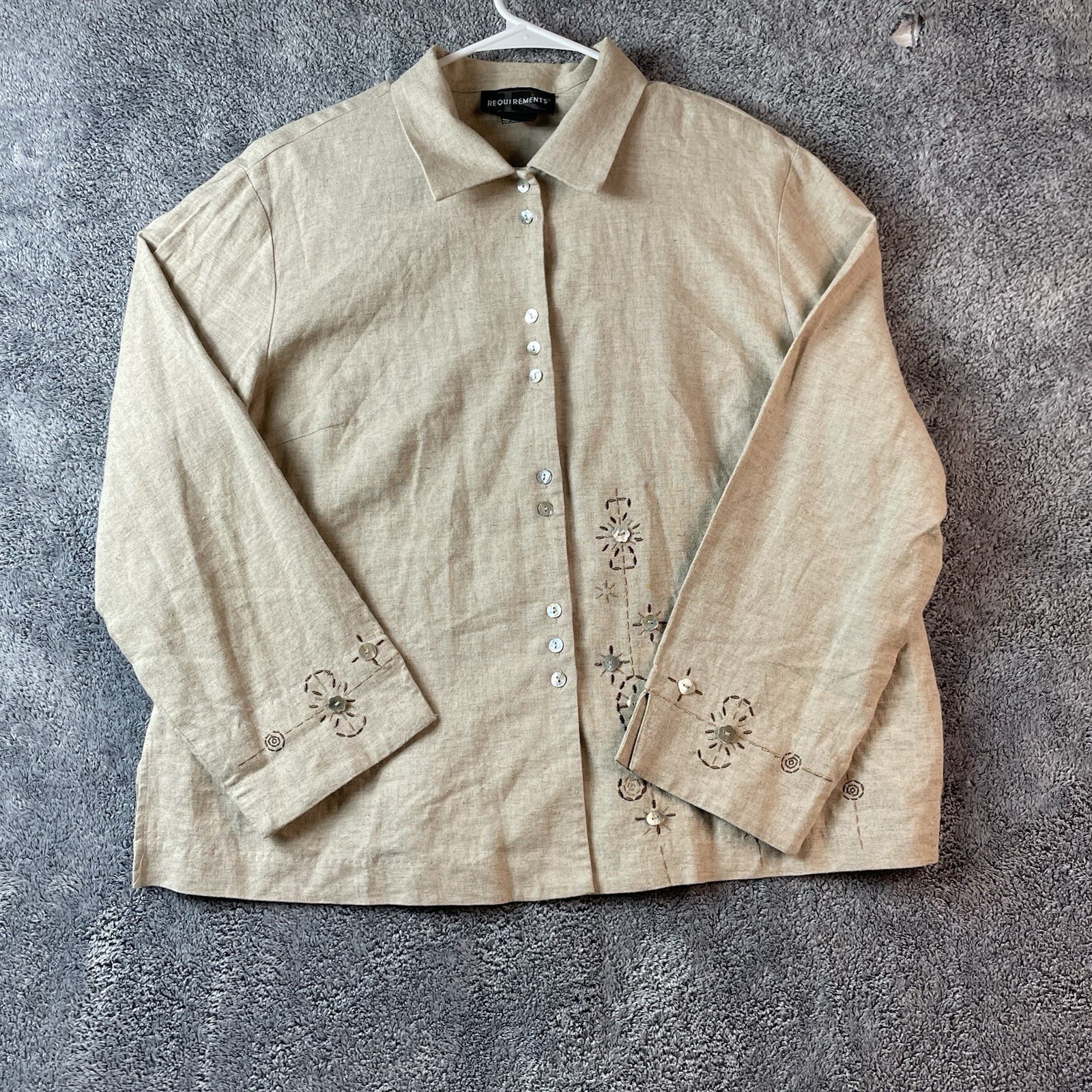 Requirements Linen Blend Beige Emboidered Beaded Button-Up Shirt – Size 16
