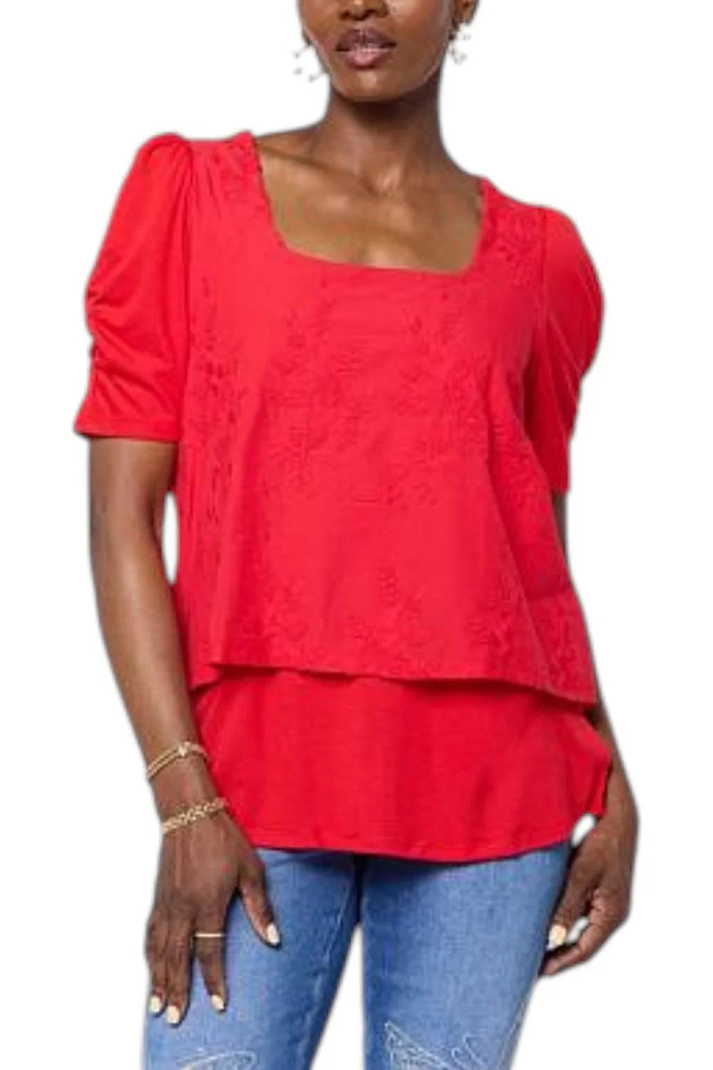 DG2 by Diane Gilman Women’s Embroidered Puff-Slv Square-Neck Top Red