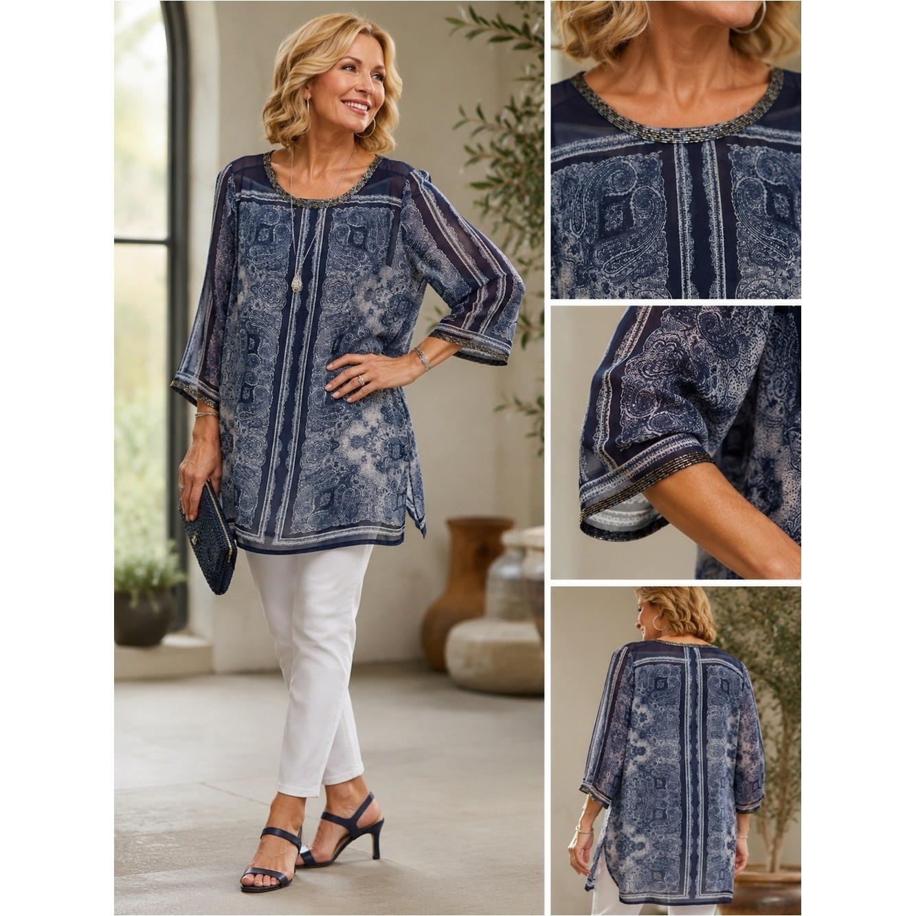 Chico’s Size 2 Sheer Beaded Paisley Tunic Navy Blue Boho Lightweight Top