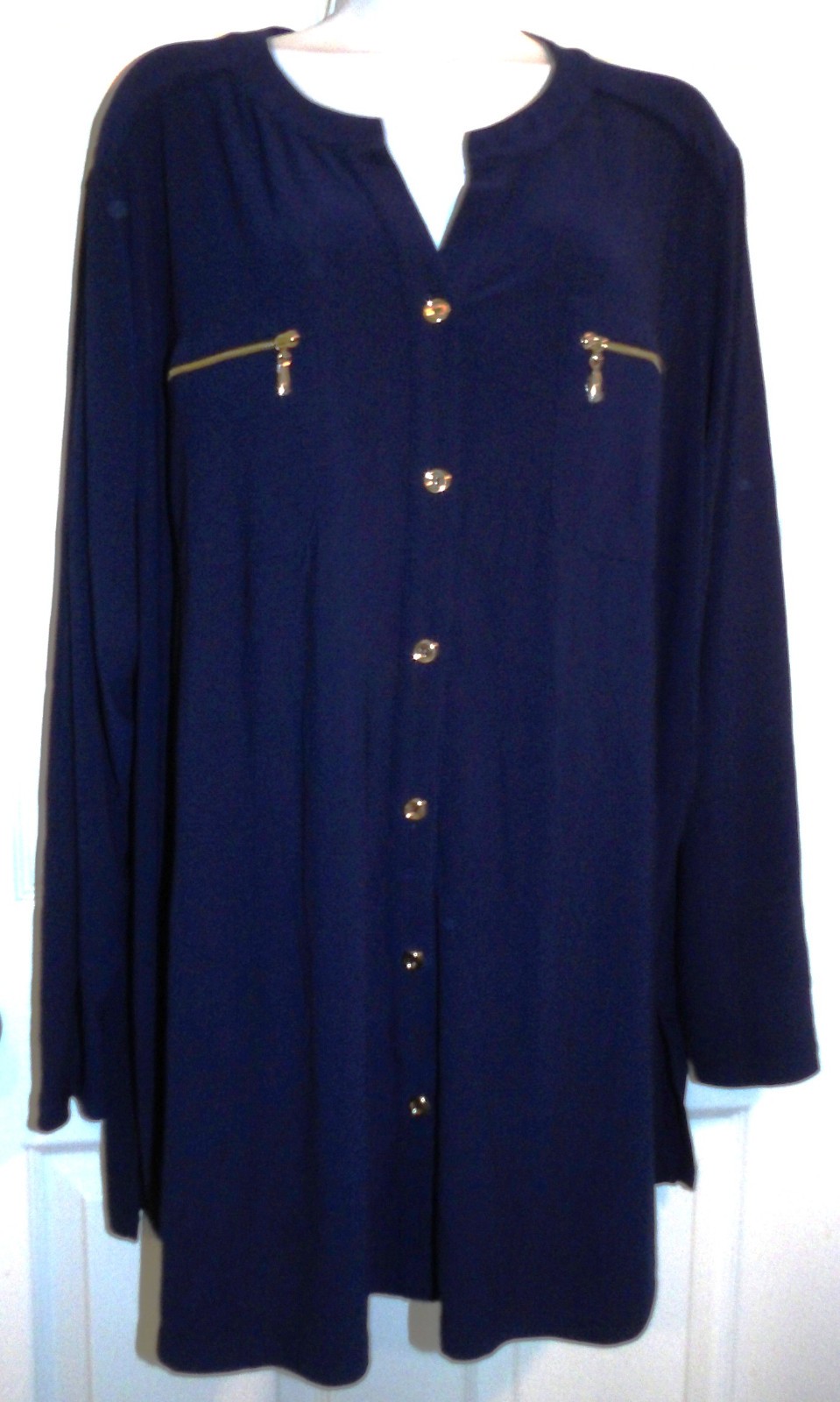 Excellent Dark Blue SUSAN GRAVER Long Sleeve Blouse w/Zip Pockets – 3X