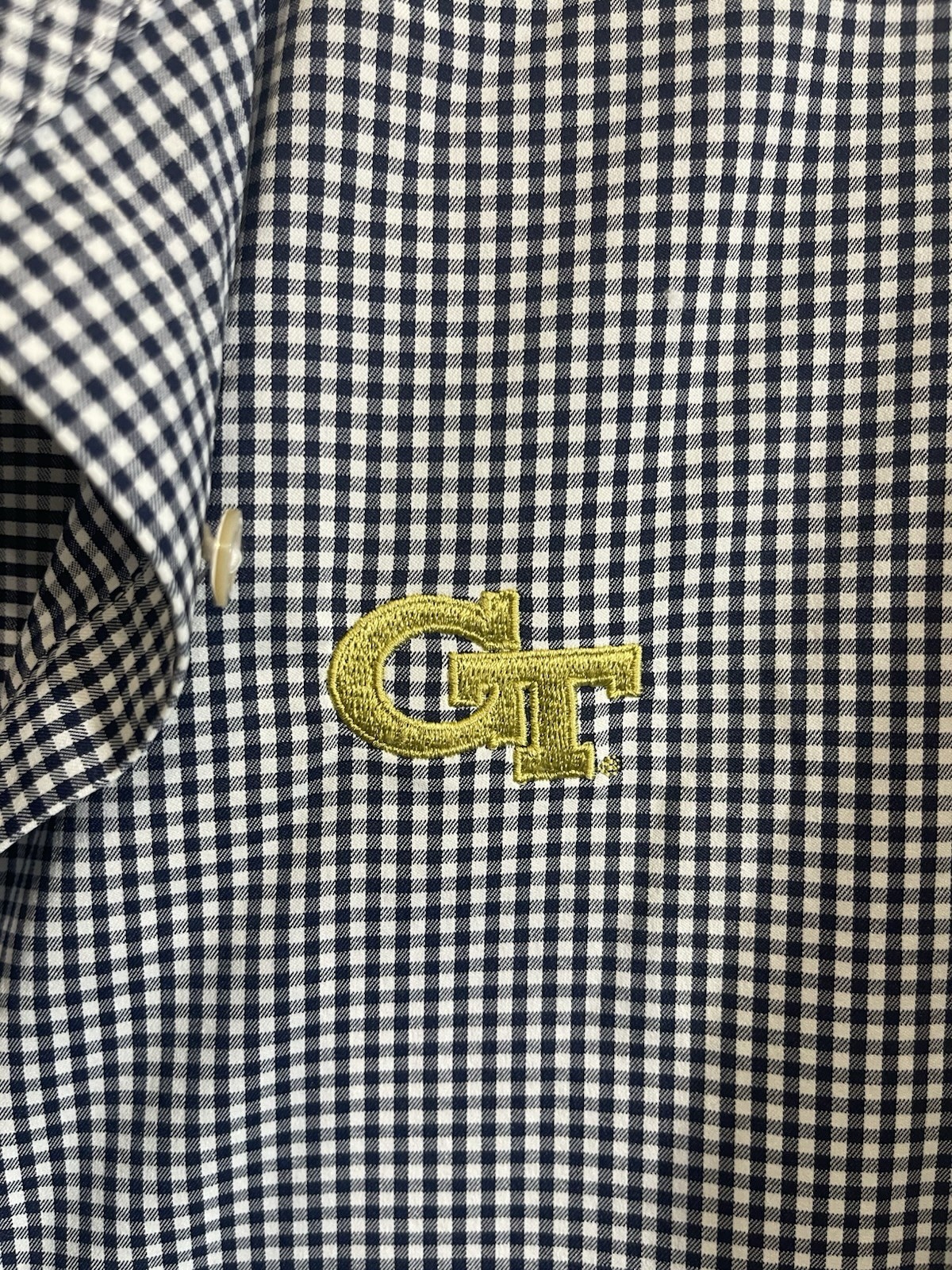 Peter Millar Shirt Womens Large Navy Gingham Plaid Performance Georgia Tech Logo
