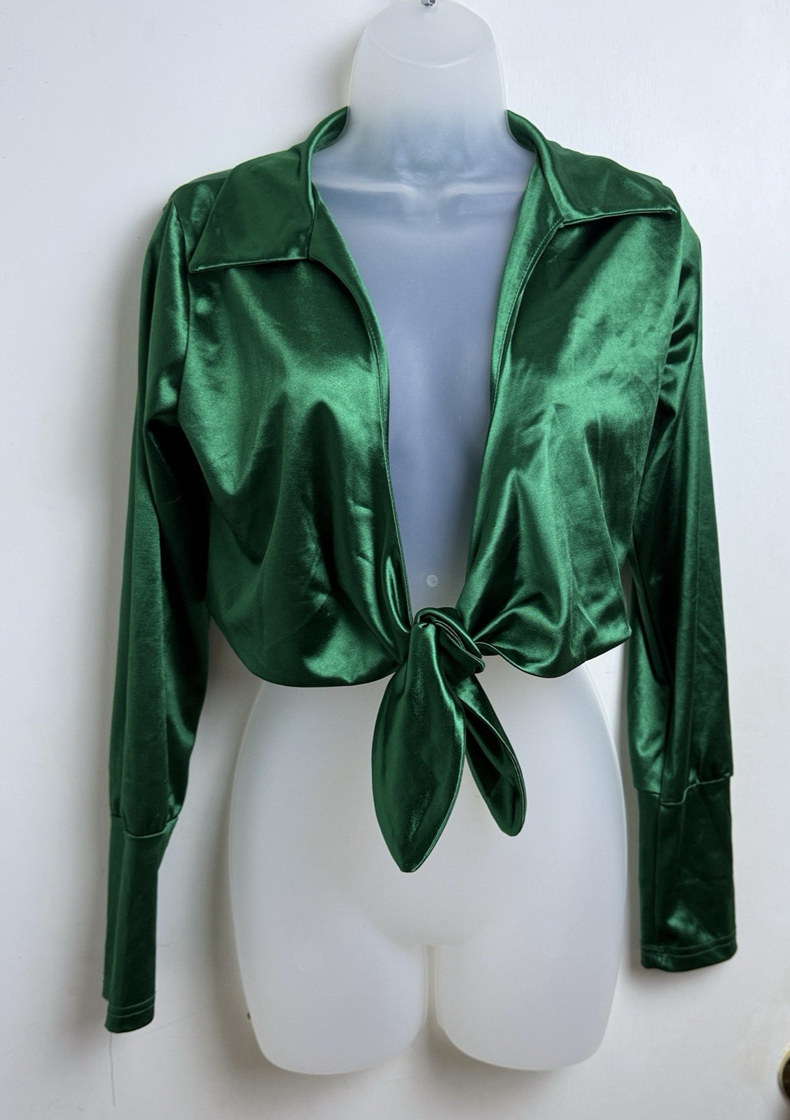 Satin Tie Front Crop Top Kelly Green Size Small Coachella Rave Disco Retro Chic
