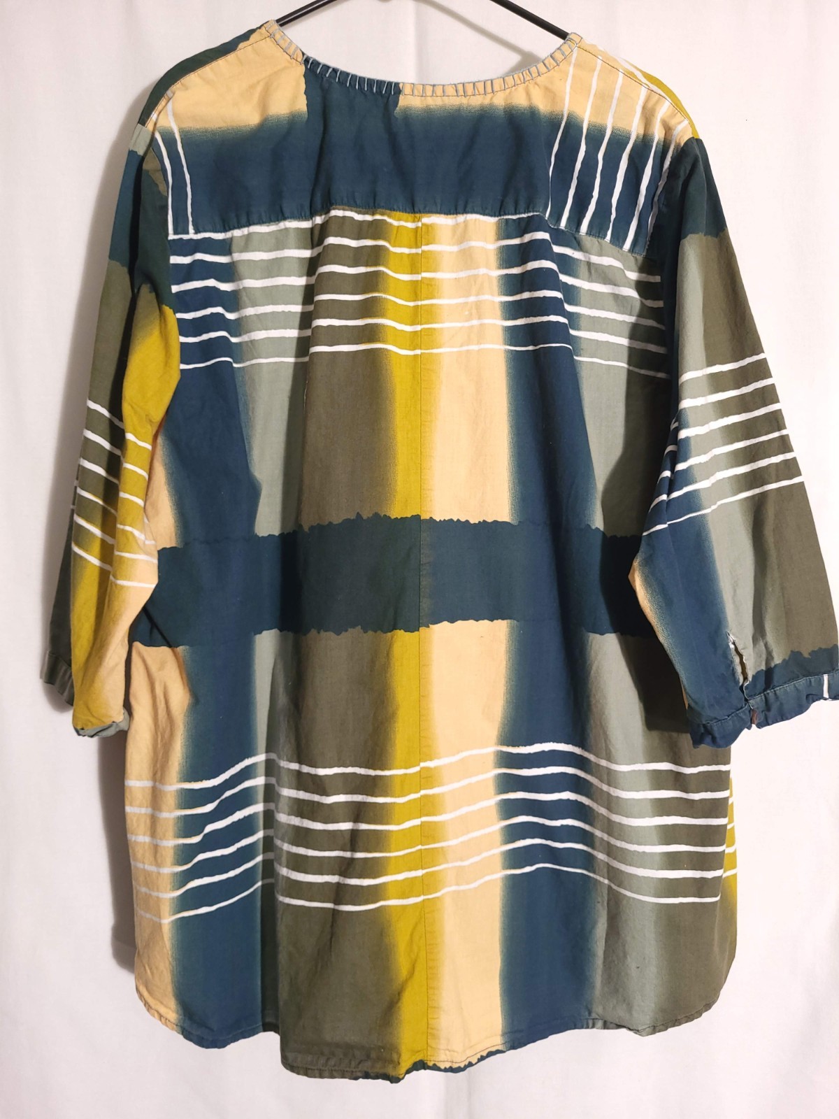 Serengeti-Green Yellow White Striped 3/4 Sleeve Round Neck Button Top Tunic-2X