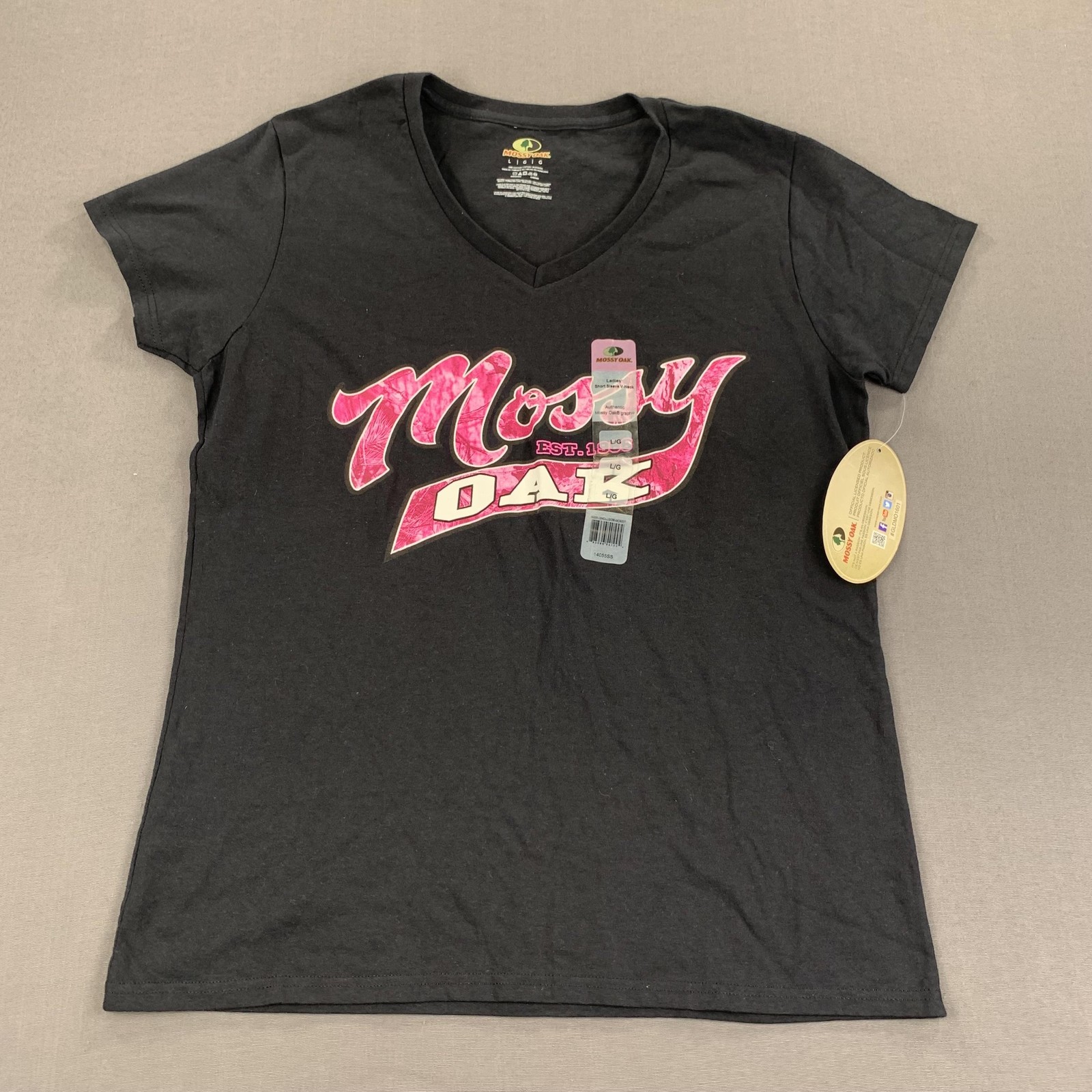 New Mossy Oak Shirt Womens LG V-Neck Short Sleeve Pink Camo Logo Graphic Hunting