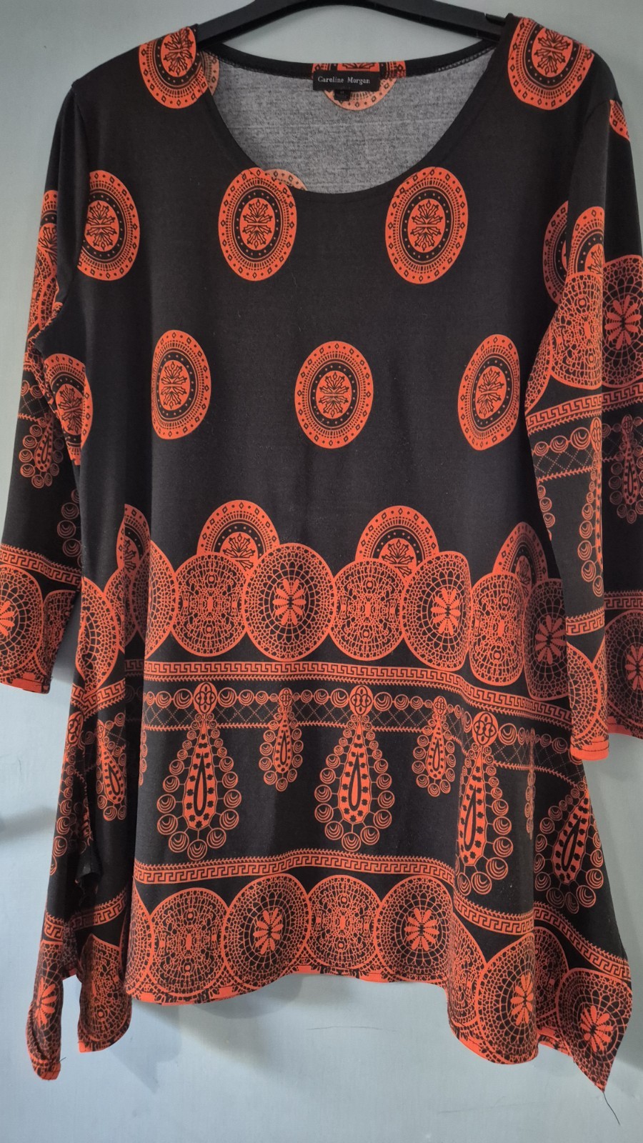 Caroline Morgan Size 14 Black Orange 3/4 Sleeve Tunic Blouse Top (625/192/v)