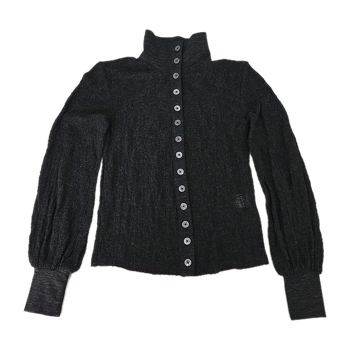 Maiden Name su Pointelle Wool Top XS Sheer Button Turtleneck Lantern Sleeve