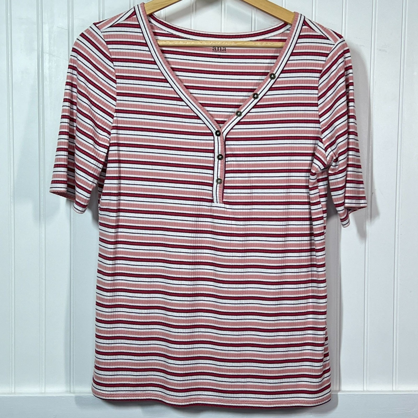 A.N.A. Women’s Top Coquette Barbiecore Pink Red Striped Ribbed V-Neck Henley