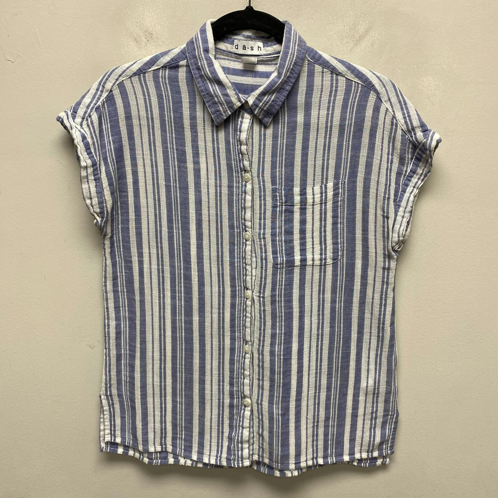 Dash Womens Blue Cotton Collared Striped Pocket Cap Sleeve Button Up Blouse S
