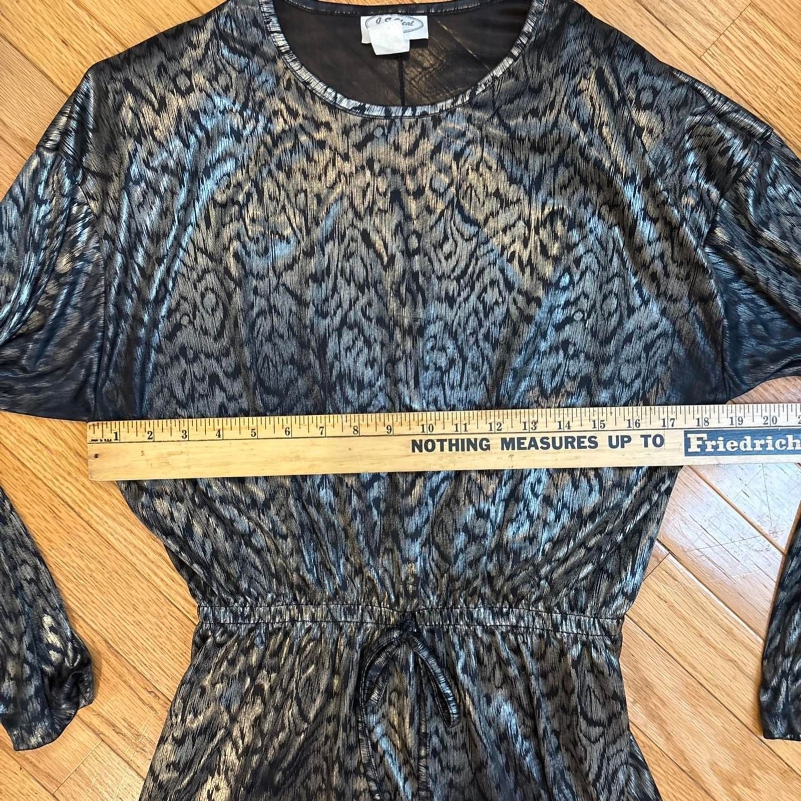 Metallic 80s Silver Long Sleeve Gather Waist Tunic Shoulder Pads Small J S Neal