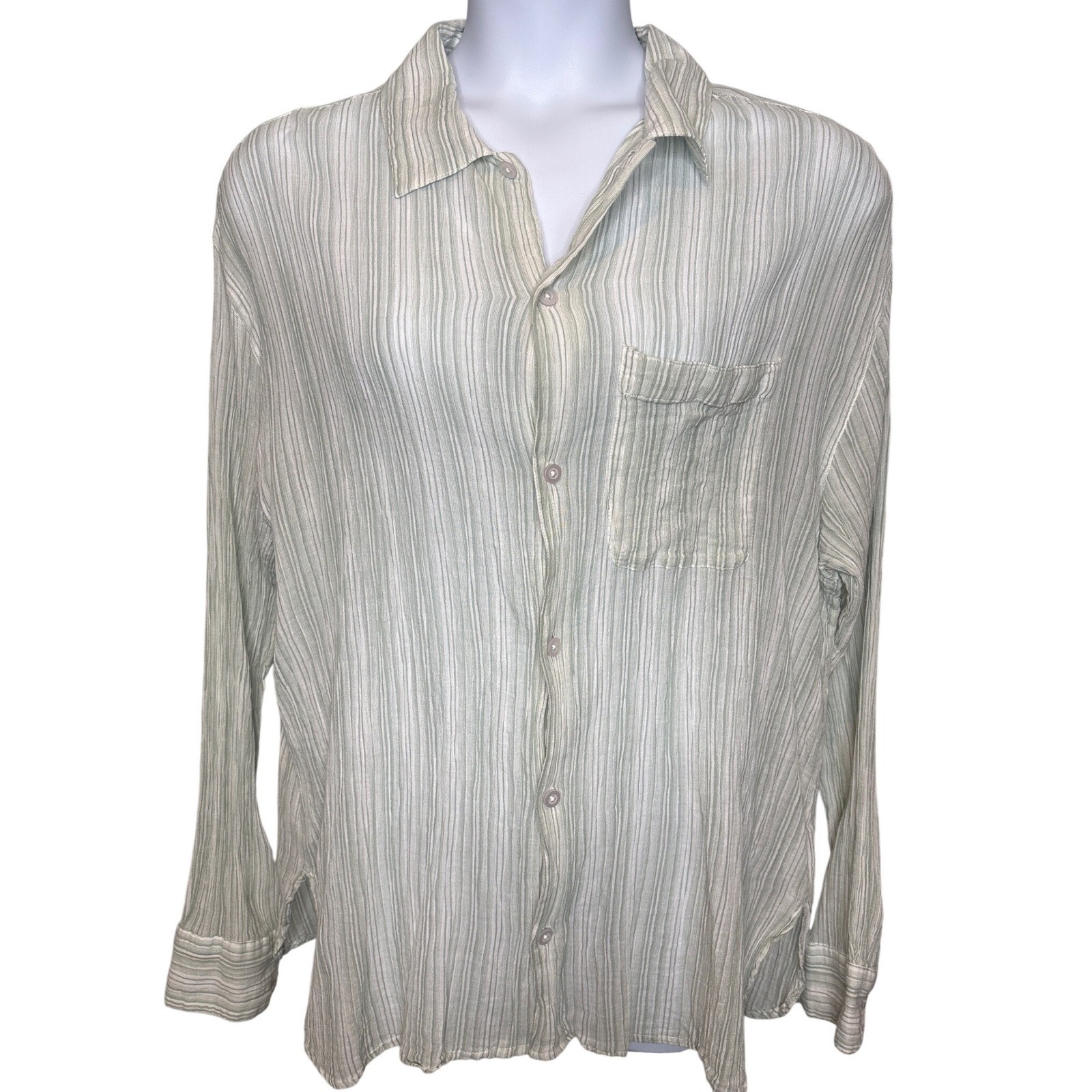 Standard Cloth Womens Sage Green Striped Crinkle Gauze Button Down Shirt Sz L