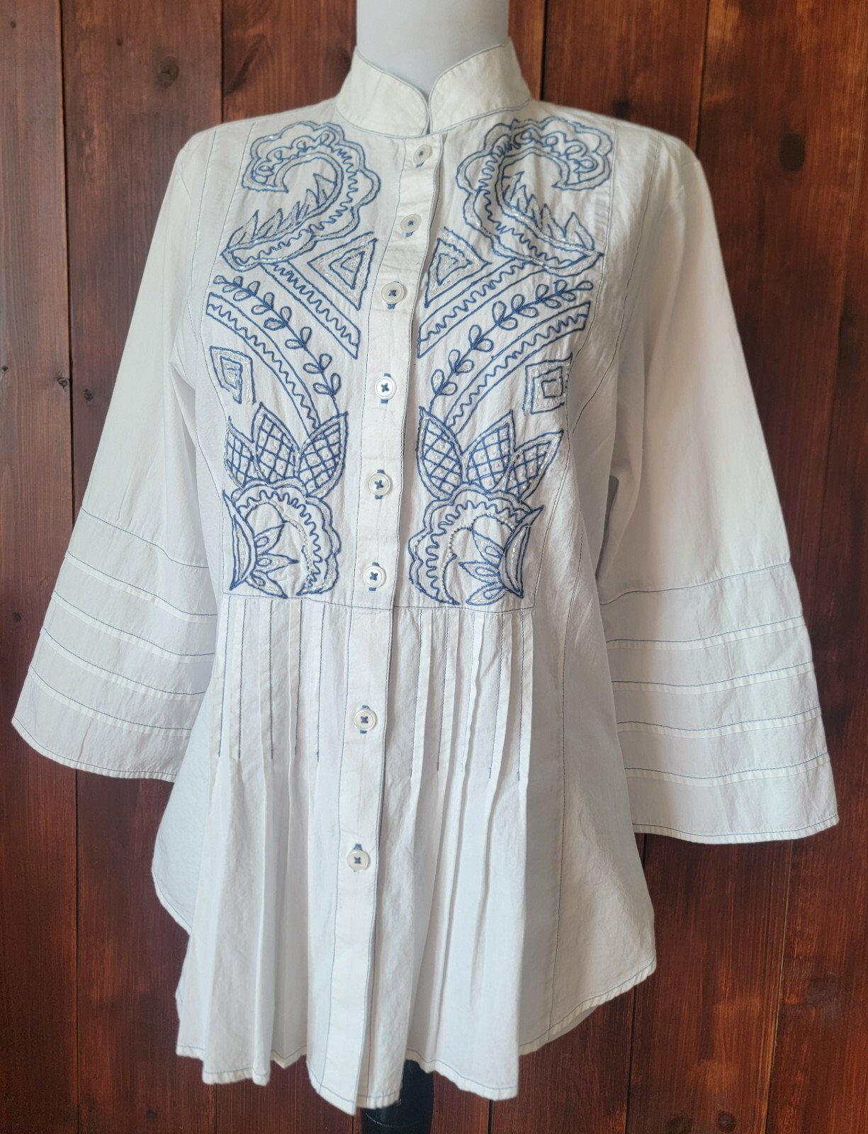 White Cottagecore Coastal Beaded Cotton Blouse Women Small Embroidered Tunic