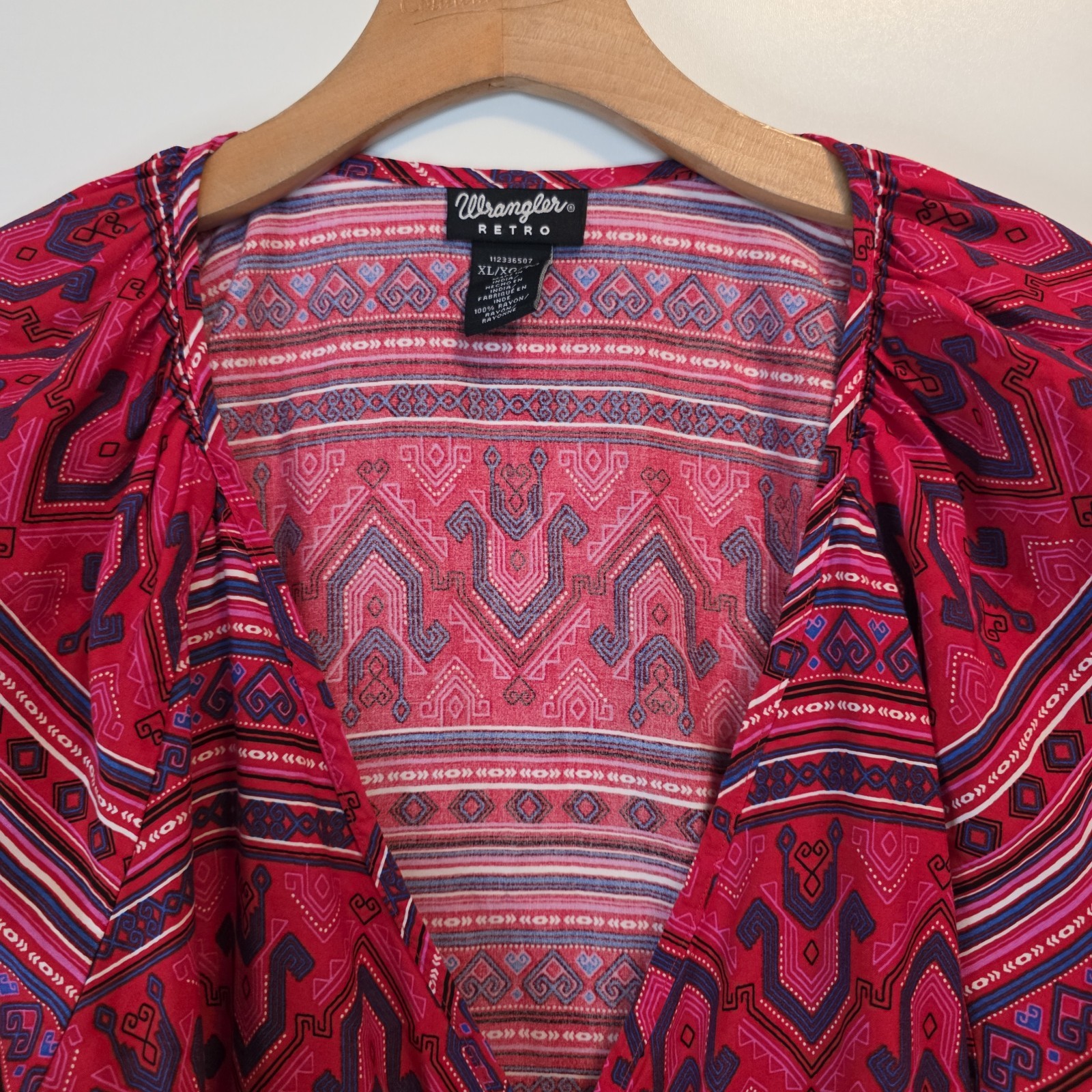 Wrangler Retro Western Blouse Red Aztec Boho Button Front Long Sleeve XL
