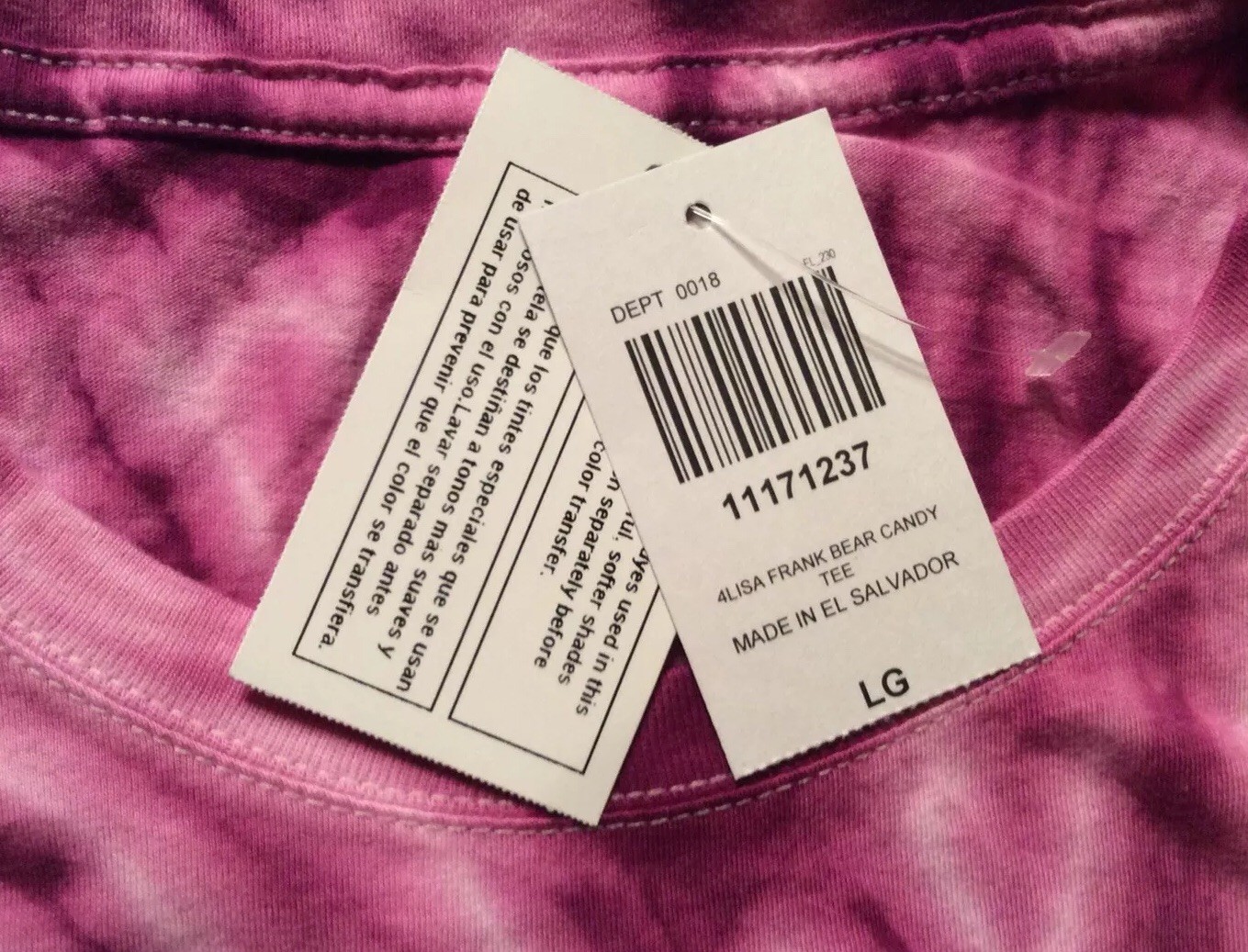 LISA FRANK WOMEN’S BEAR/CANDY/LOLLIPOP PINK TIE-DYE TEE/TOP – SIZE LARGE JUNIOR