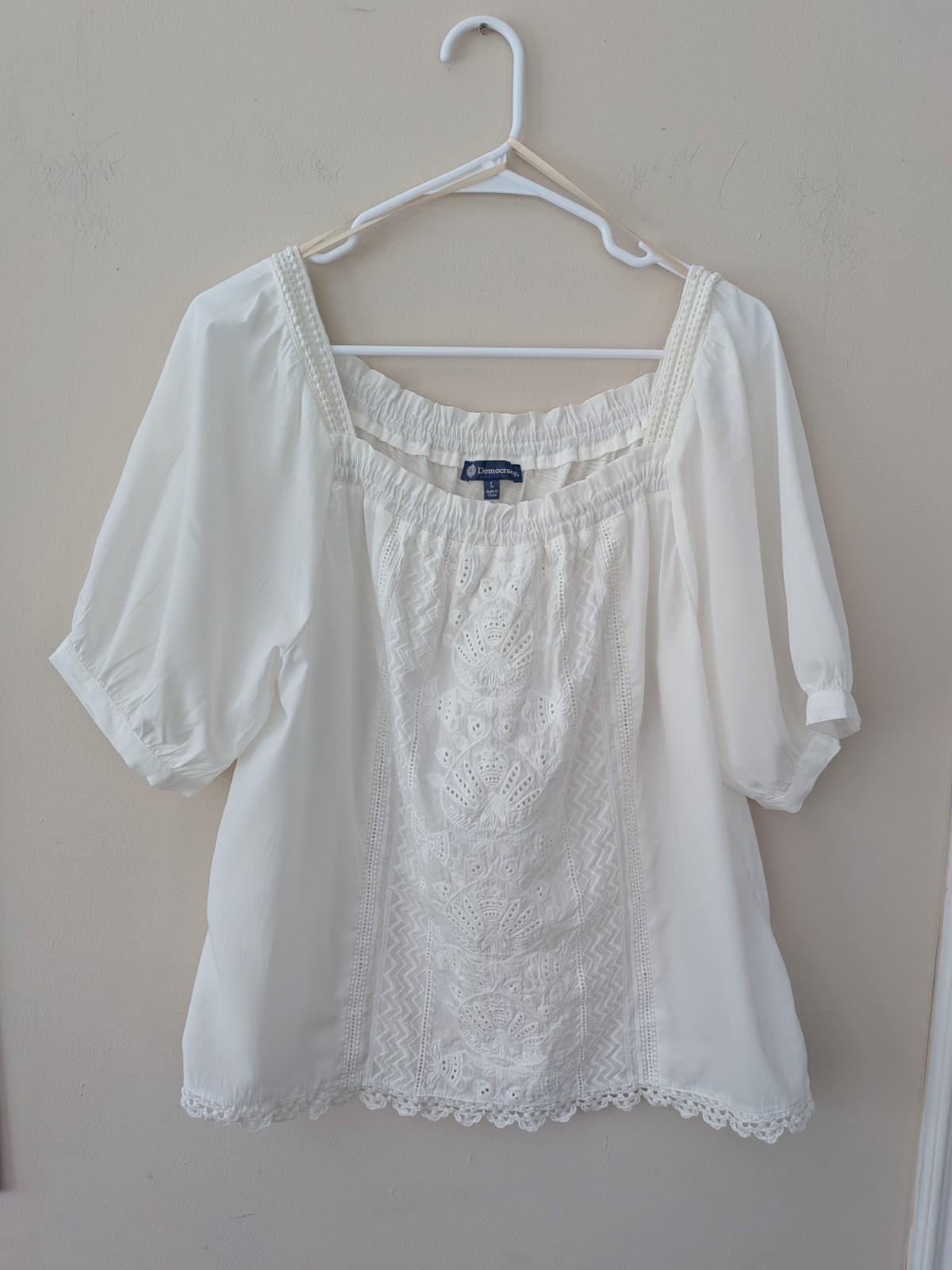 Democracy Boho Peasant Blouse Embroidered Eyelet Lace Square Neck Puff Sleeve L