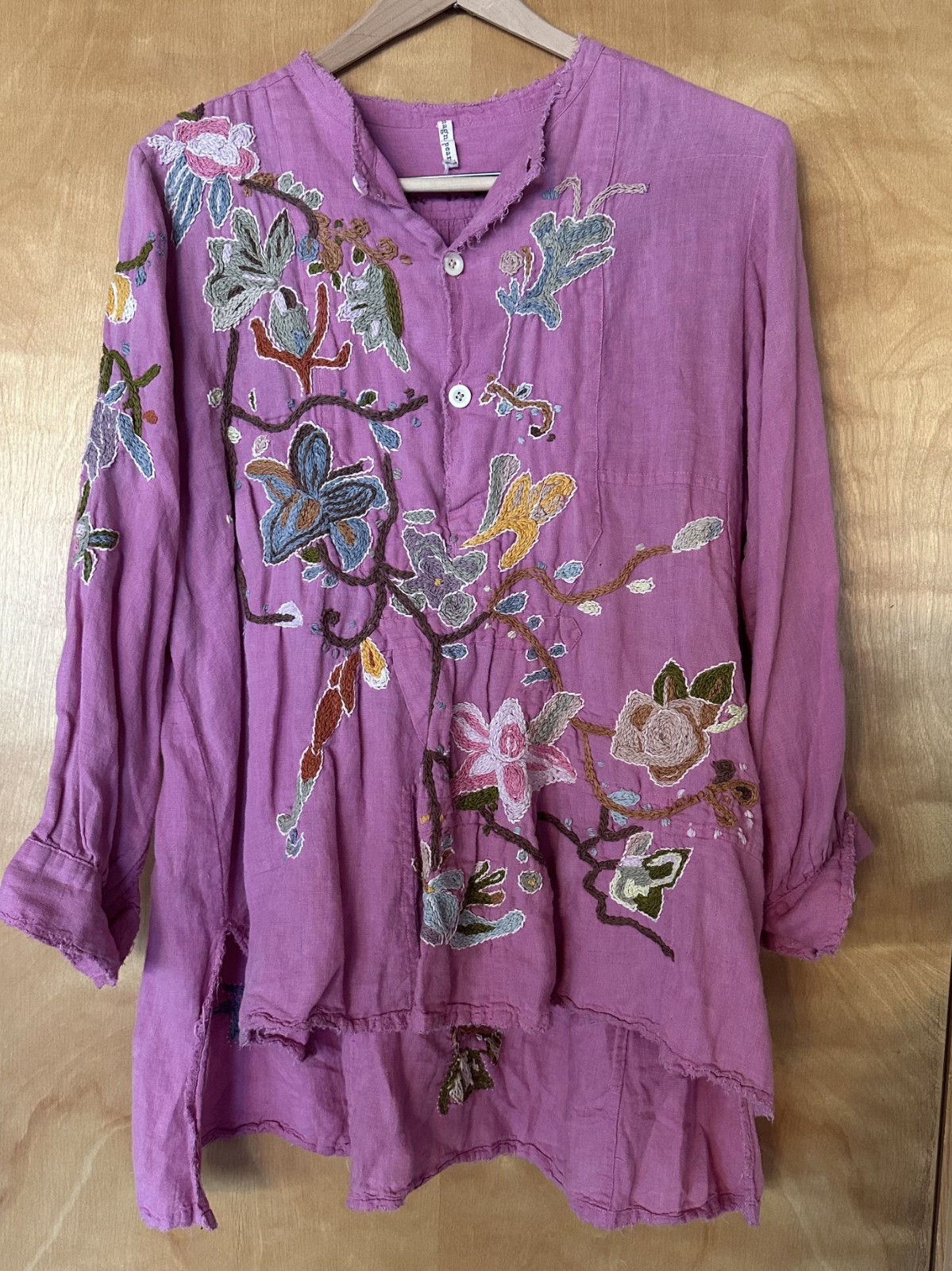 Magnolia Pearl Gypsy Johnny Shirt Embroidered Floral Linen Pink One Size