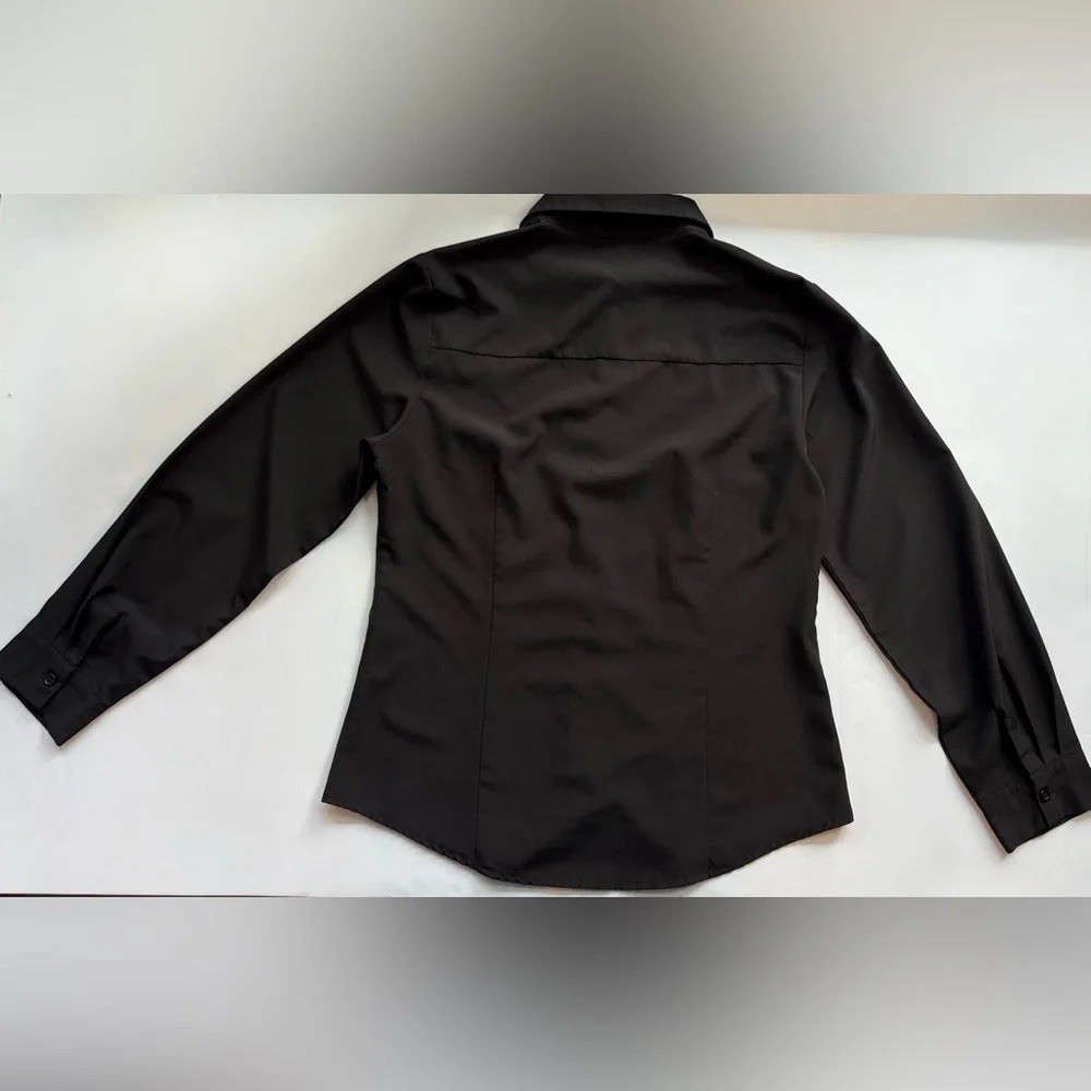 Solid Button-Up Collared Long Sleeve Shirt Top Black Size M Workwear