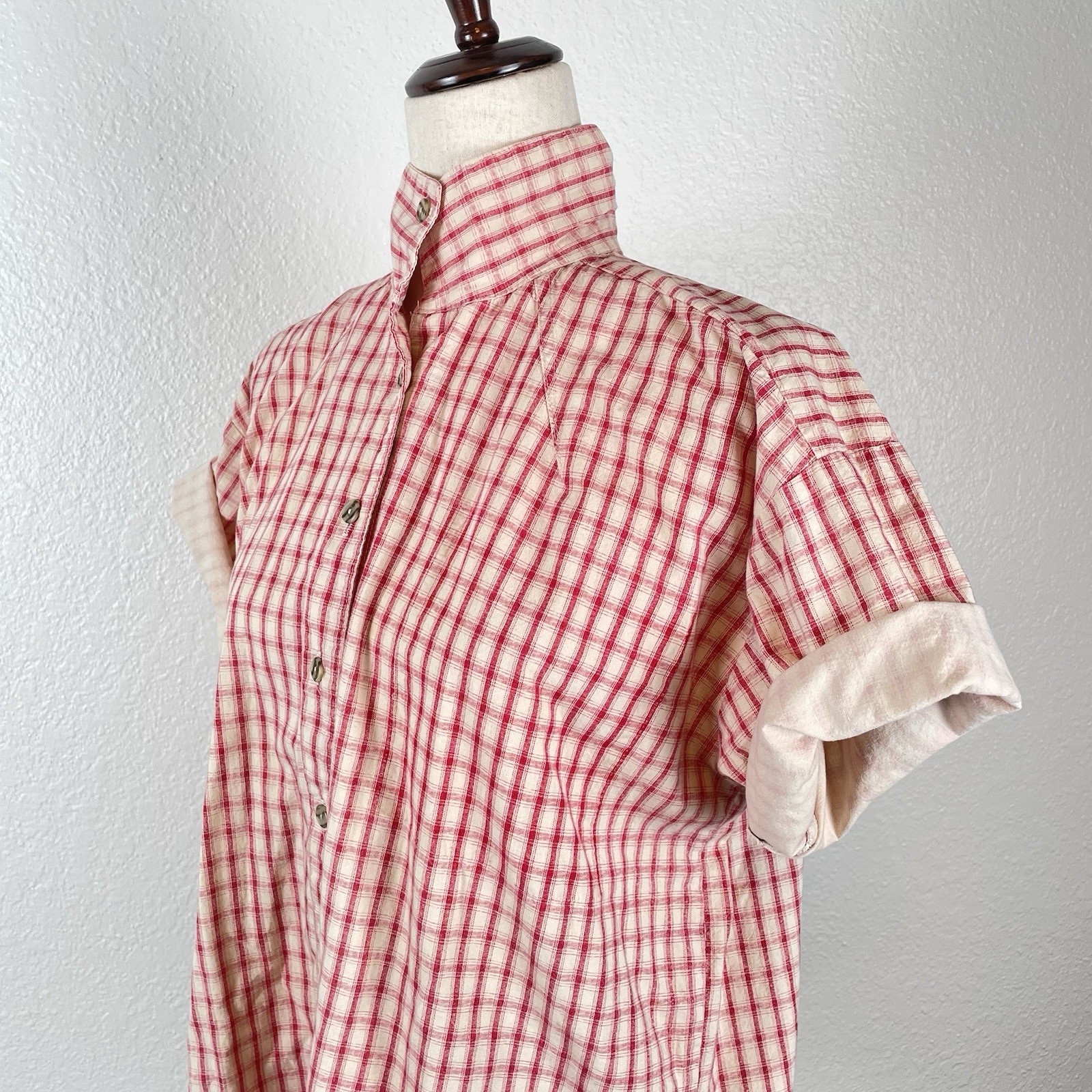 Vintage 90s Plaid Shirt Women’s S High Neck Gingham Pink & Cream Preppy USA