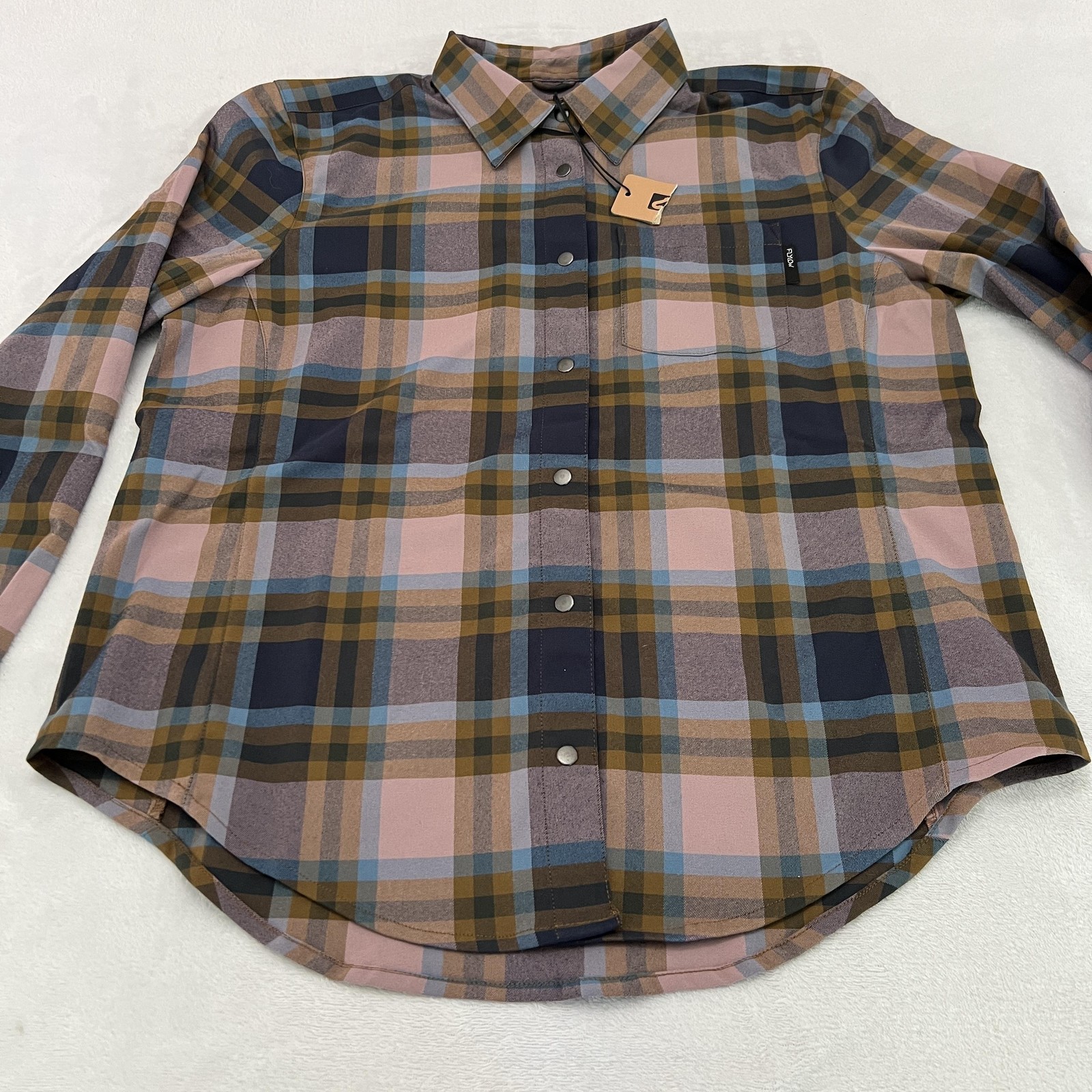 Flylow Brigitte Tech Flannel Shirt Womens Large RyePlaid Snap Button Up