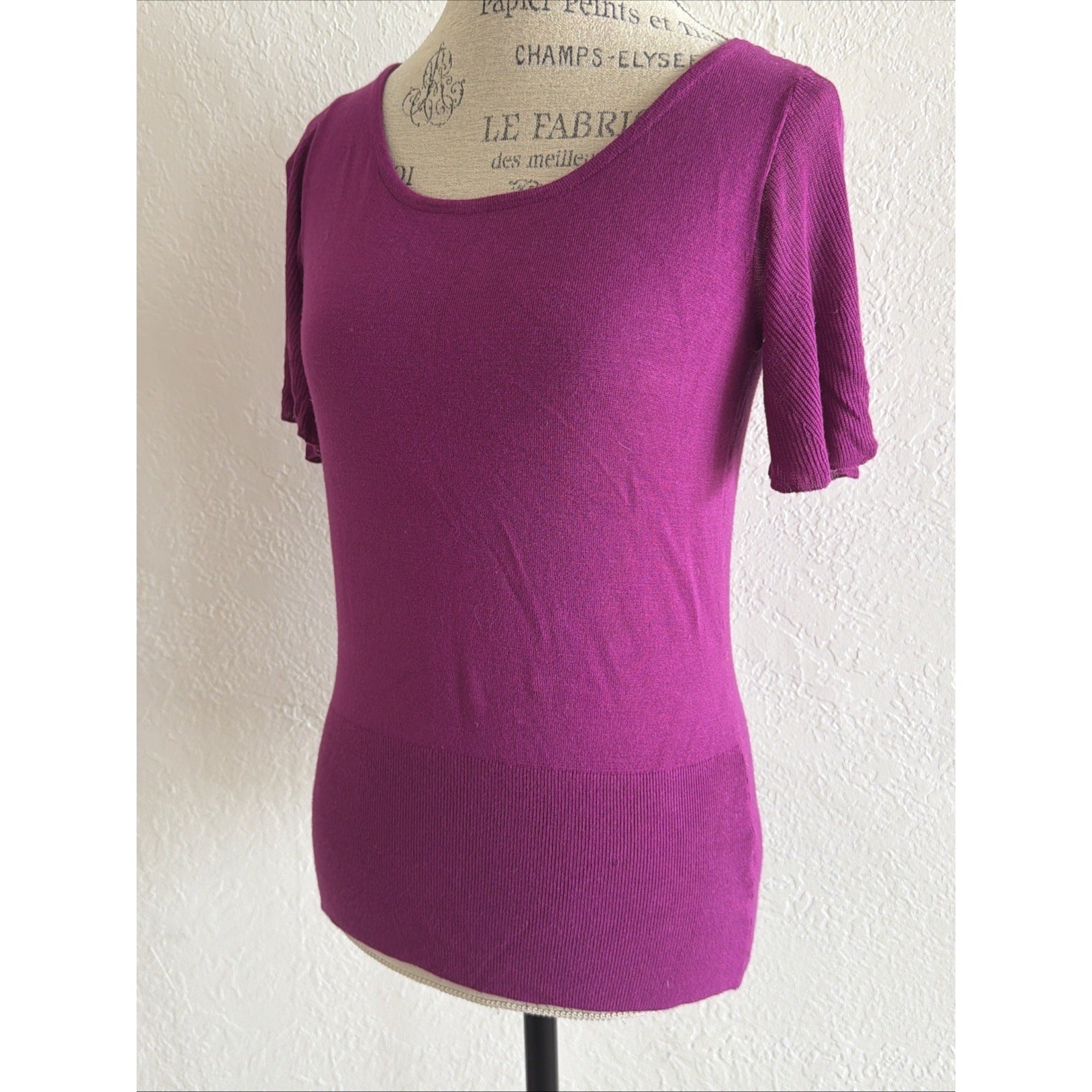 Magenta Purple Flutter Sleeve Scoop Neck Knit Top with Back Twist Detail