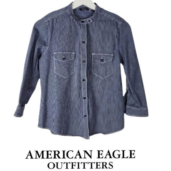 American Eagle Pinstripe Blue Shirt, S