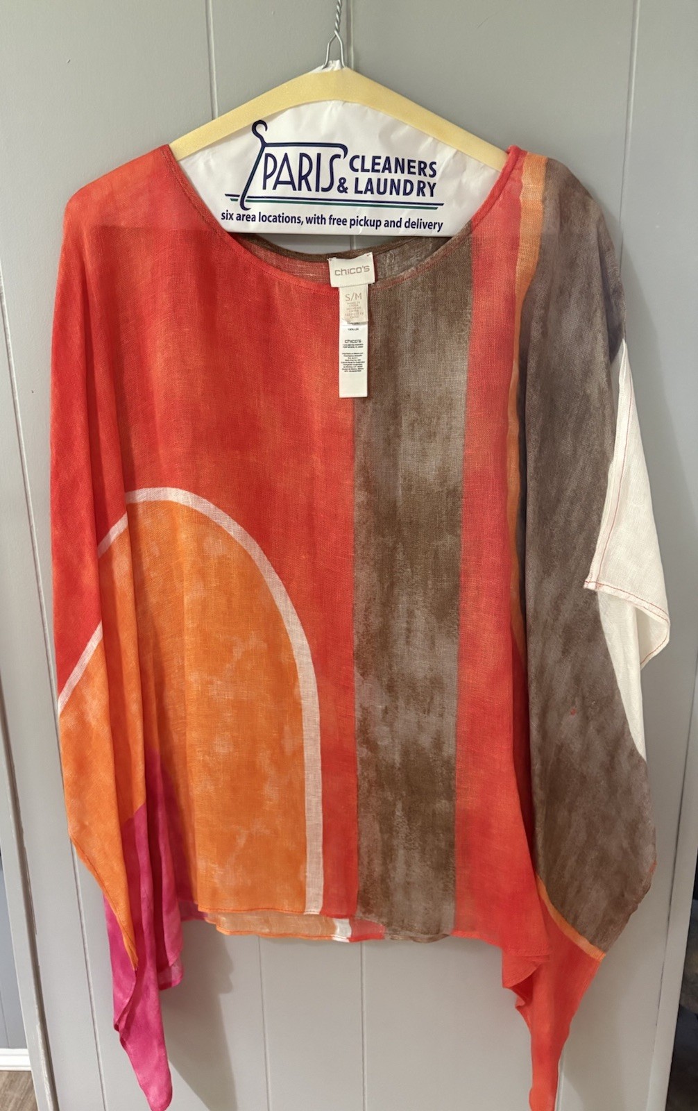 Chicos Women’s 100% Linen Abstract Colorblock Blouse brown peach pink Size S/M