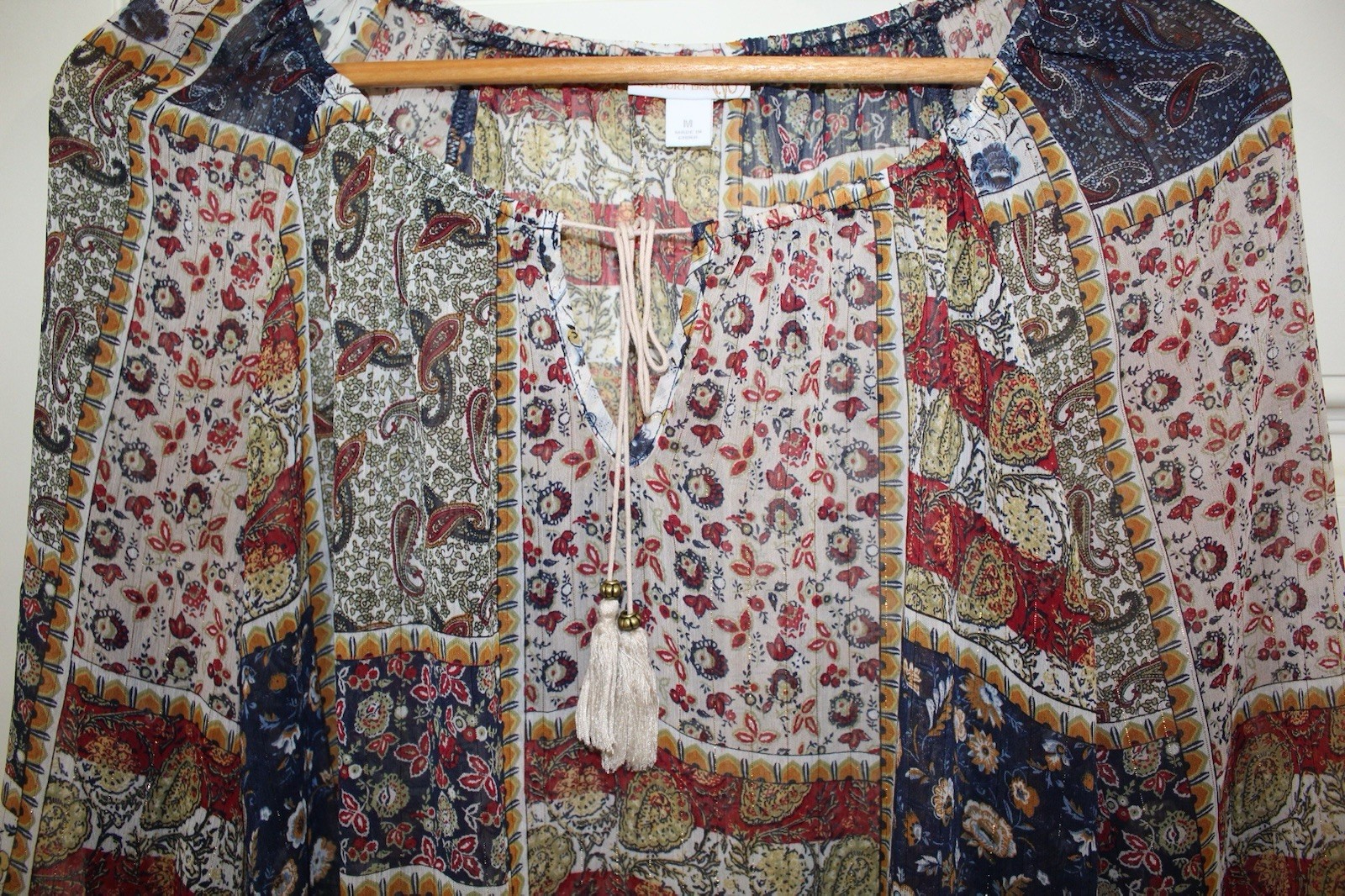 Westport 1962 women Boho Top Tunic Sheer 3/4 Flare Sleeves Paisley flowers