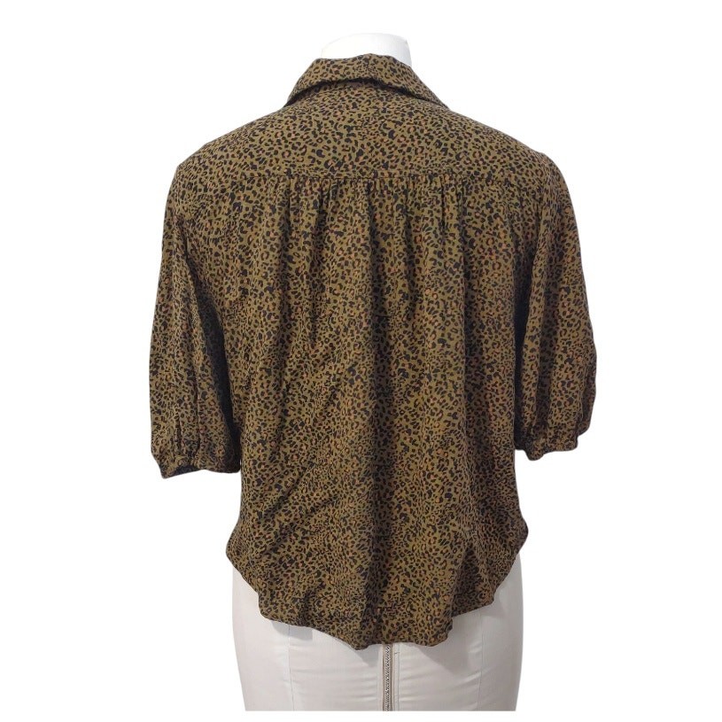 FREE PEOPLE Celia Leopard Print Blouse Size S Tie Front Casual Loose Streetwear