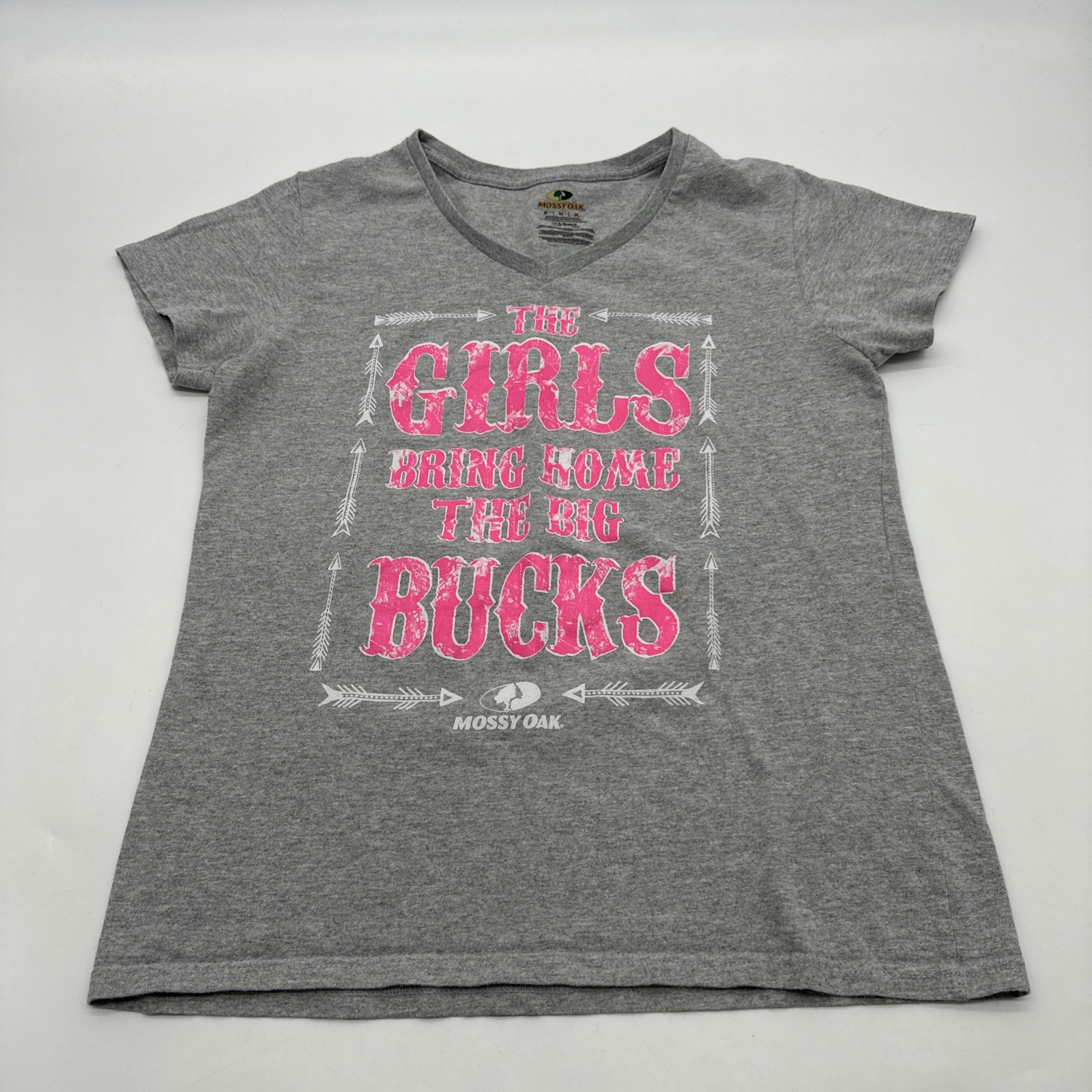 Mossy Oak T-Shirt Women M Gray Graphic Print V-Neck ..#31947