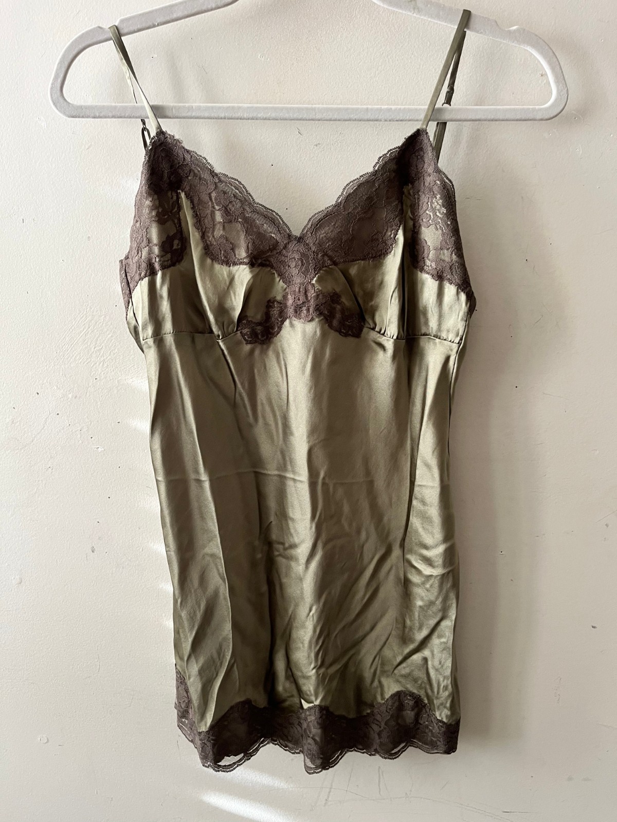 Gold Hawk Silk Lace Cami Khaki Green Bias Slip Top Small