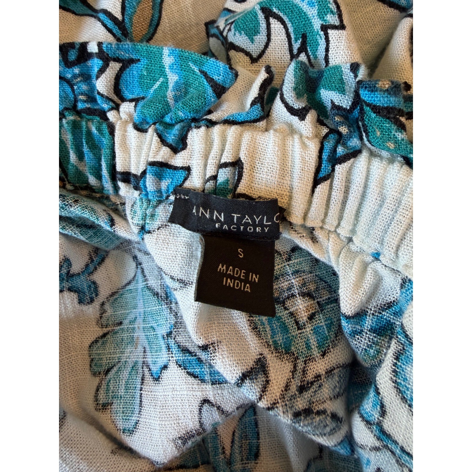 Ann Taylor Factory Floral Off Shoulder Blouse Blue White Linen Blend Small