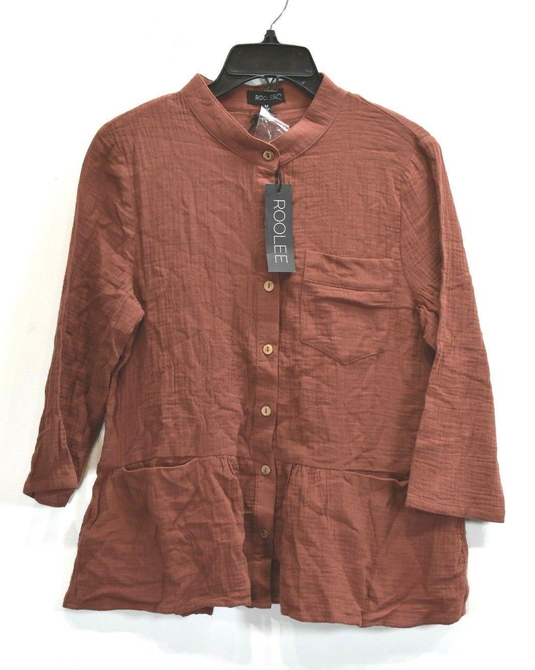 Roolee Womens Brown Long Sleeve Welt Pocket Cotton Button Front Peplum Top M