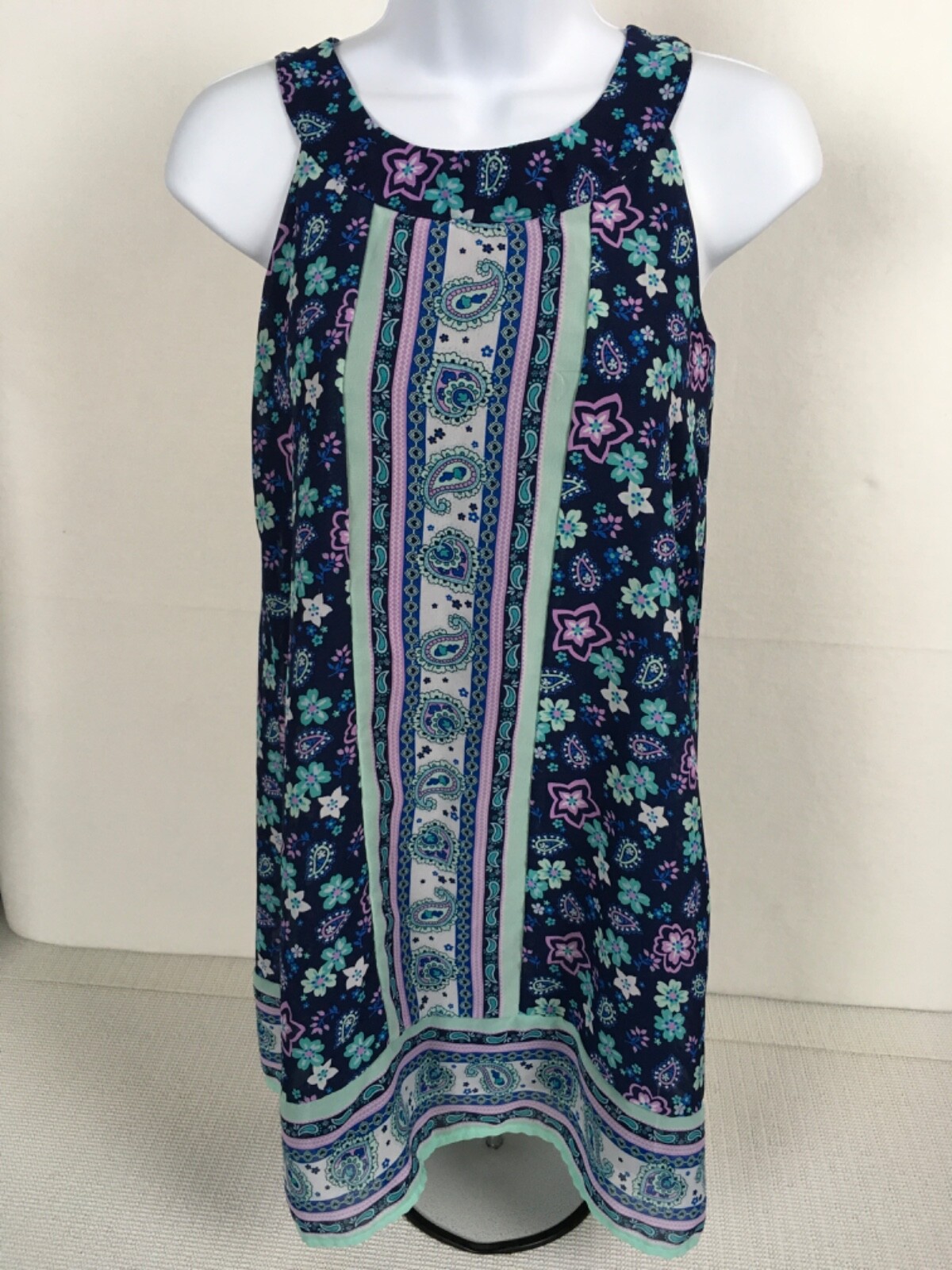 Wonder Nation Womens Tank Top Size L 10 12 Navy Blue w Pink Blue Flowers
