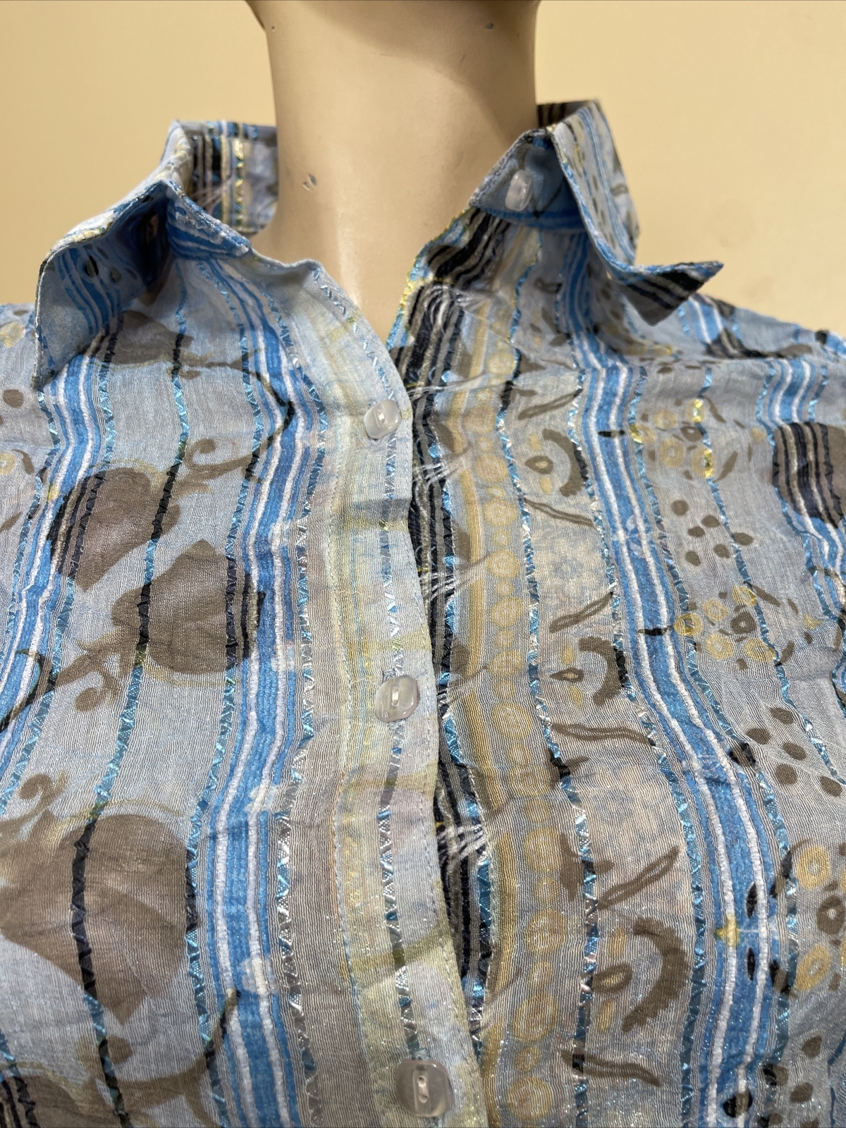 Women’s Light Blue Floral Polyester Casual Strip Pleat Size S Button Blouse Top