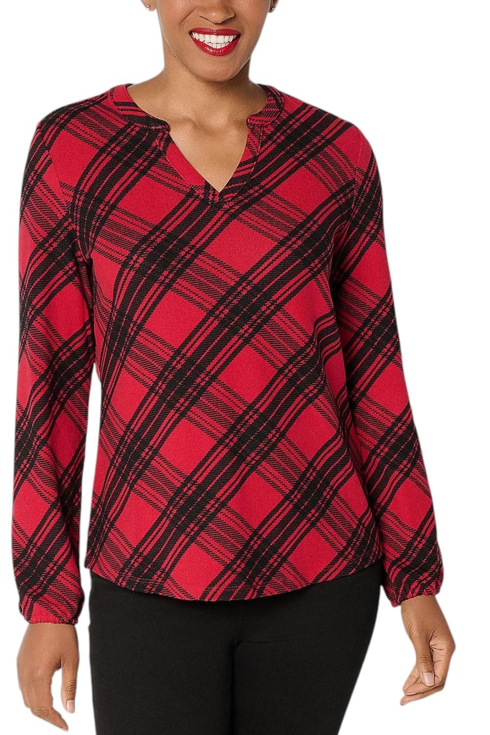 Denim & Co. Women’s Plaid Split V-Neck Long Sleeve Top Apple Red