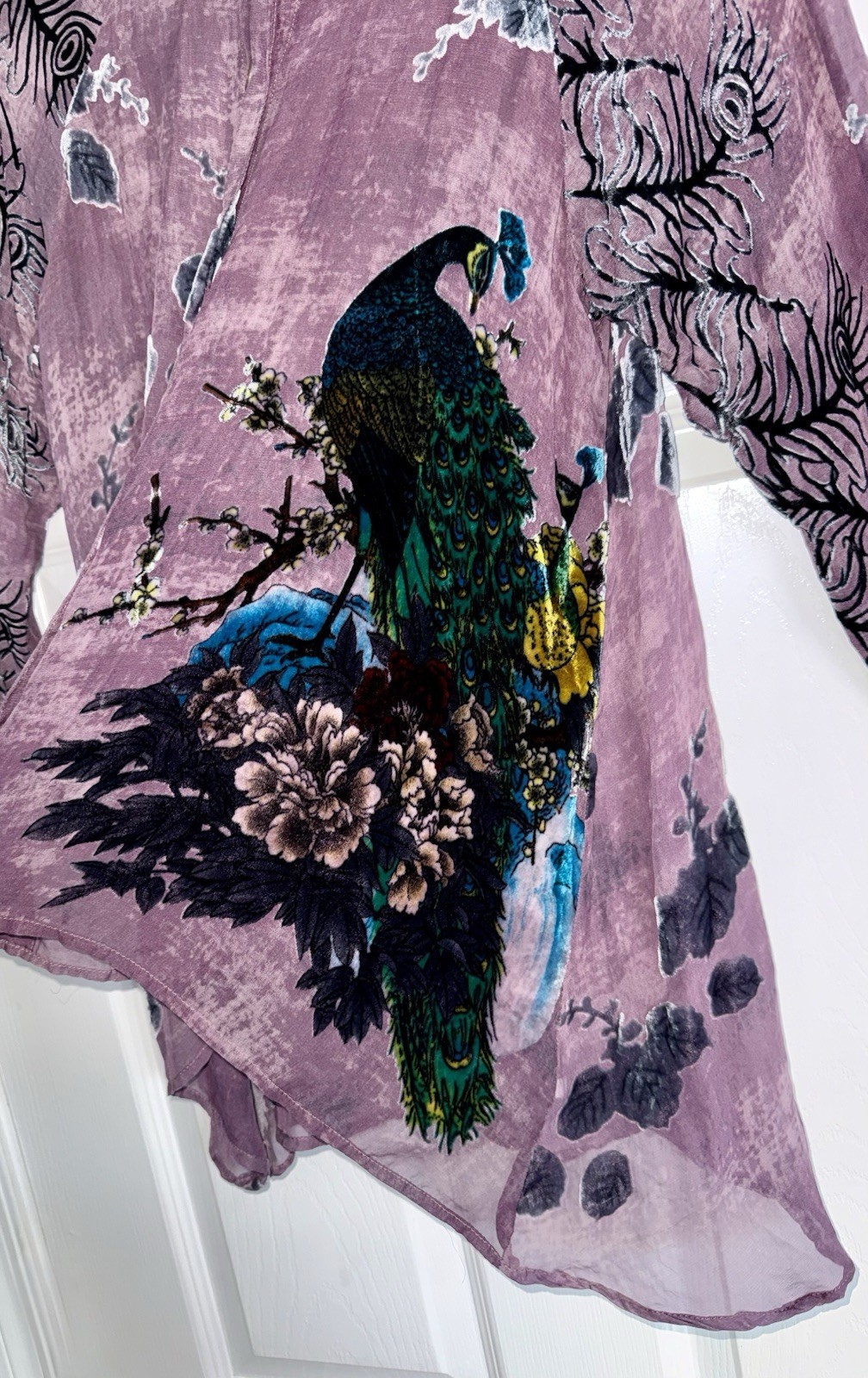 CITRON Santa Monica Purple Velvet Burnout Peacock Silk Button Down Tunic Top S