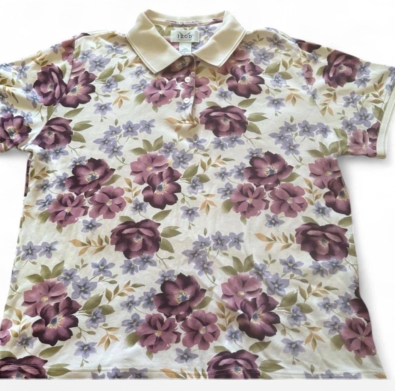 Vintage IZOD Womens XL Floral Polo Shirt Purple Golf Preppy 90s Y2K Cotton