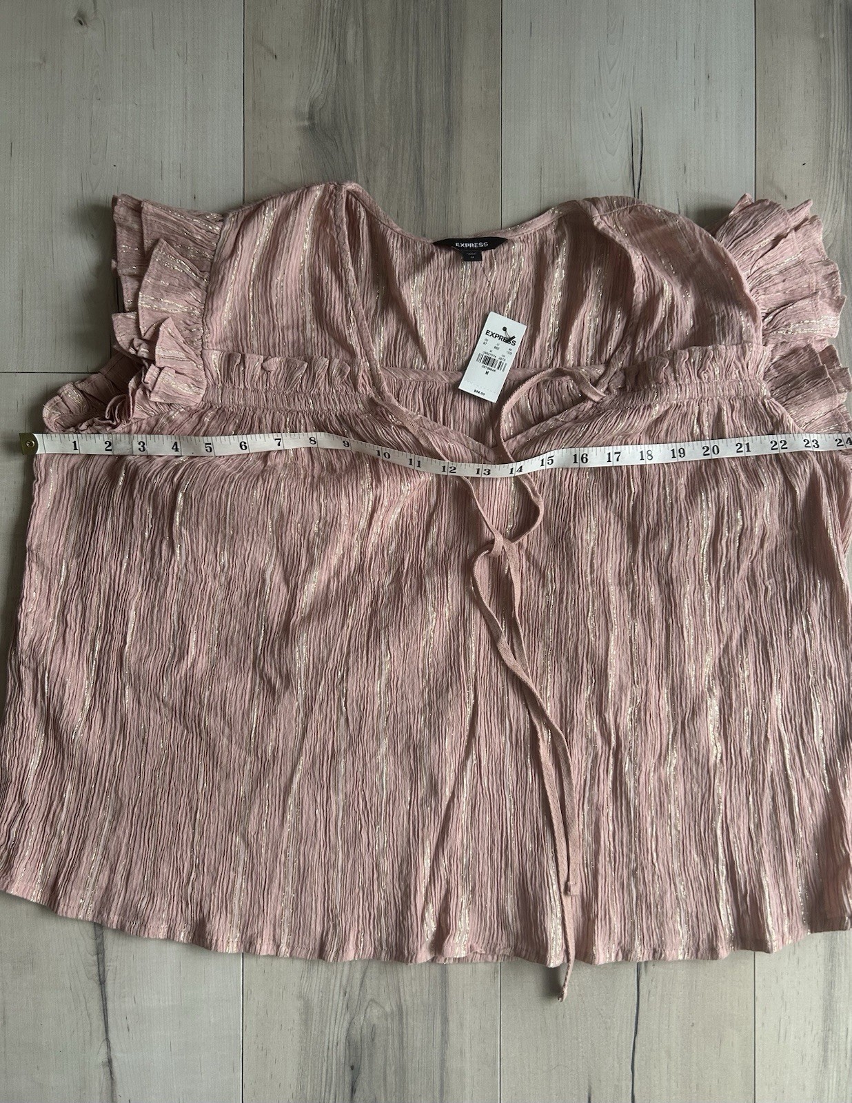 Express Pink Gold Striped Ruffle Sleeve V-Neck Blouse Lightweight M