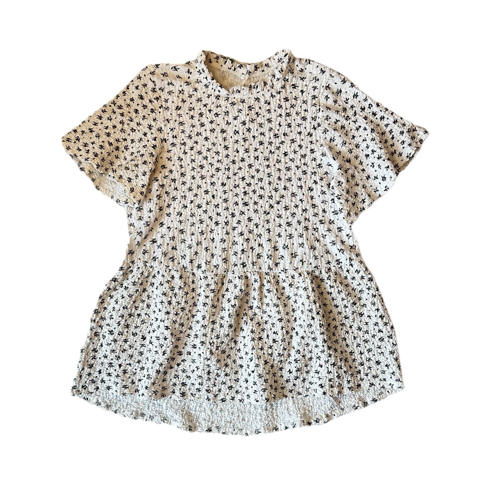 ROOLEE Large Ruffle Floral Tunic Popcorn Smocked Short Sleeve Black White